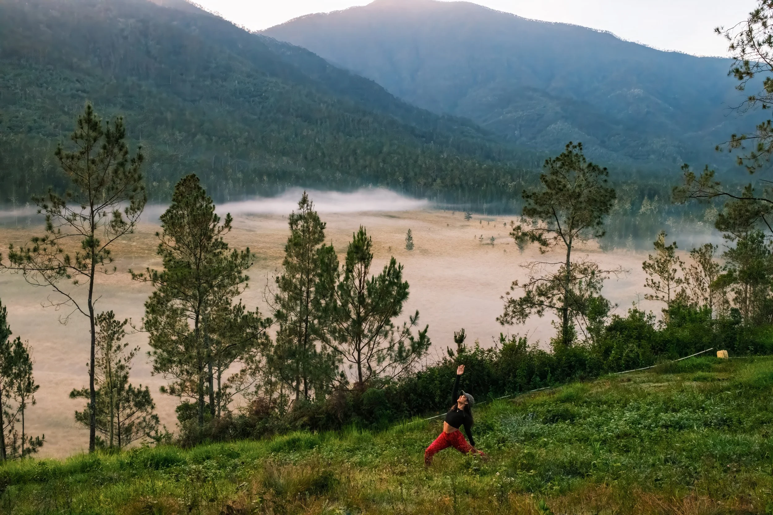 Paisaje montañoso con niebla en el valle, árboles altos, y una persona haciendo yoga en una postura de estiramiento en el primer plano.