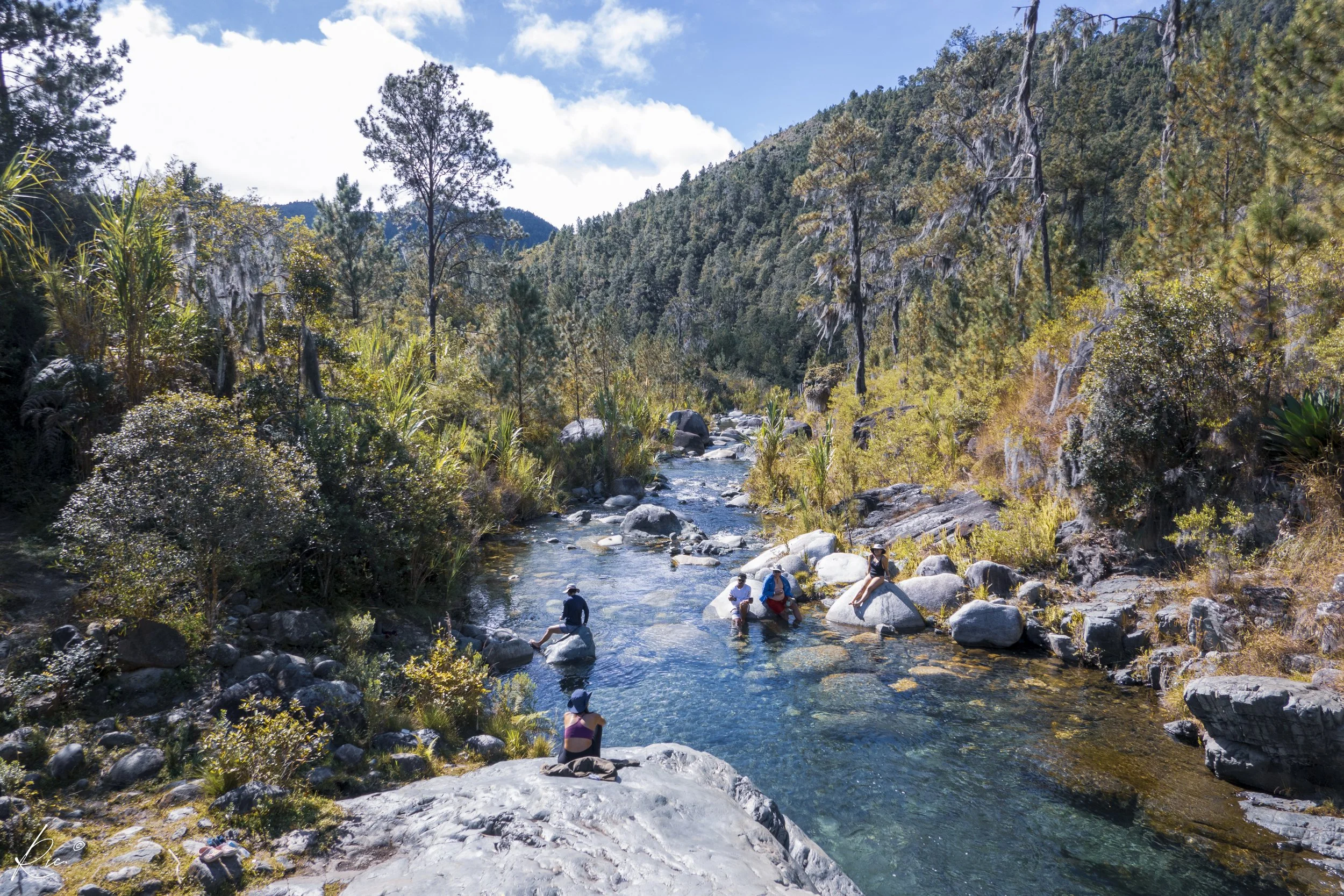 Personas disfrutando de un arroyo en un entorno montañoso con árboles y vegetación.