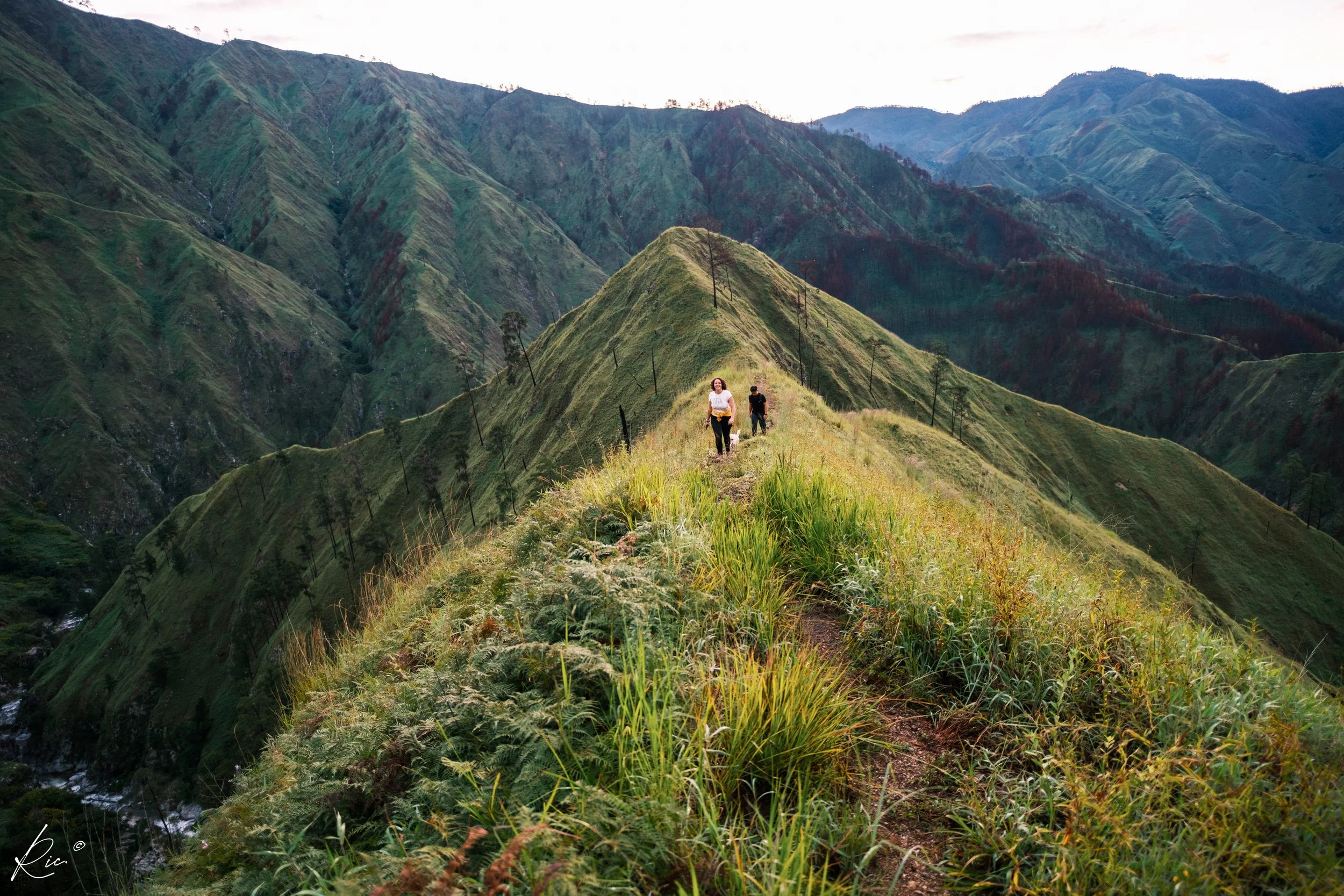 Personas caminando por una cresta de montaña verde con vistas a un paisaje montañoso en el fondo.