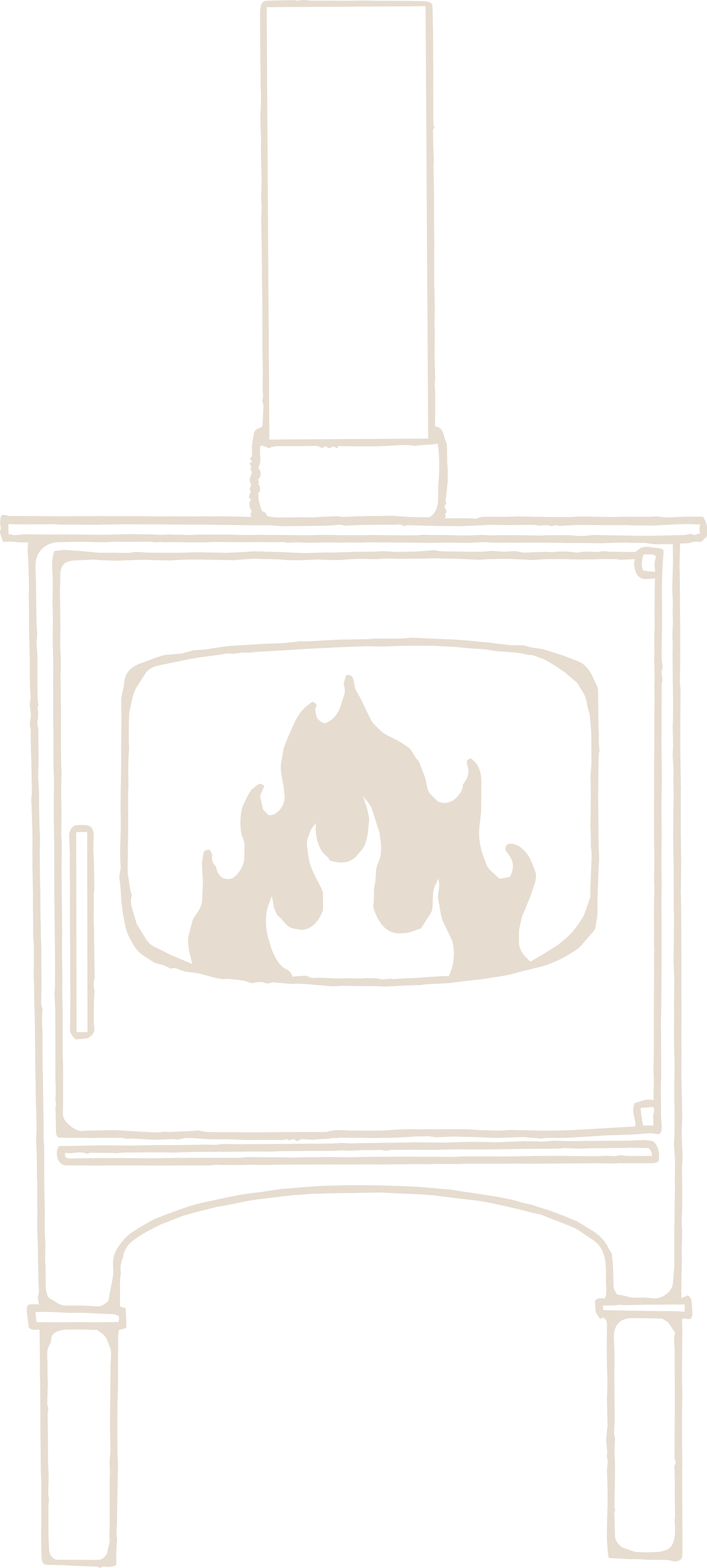 A fireplace with a fire burning inside, and a wood stove pipe extending upward from the top.