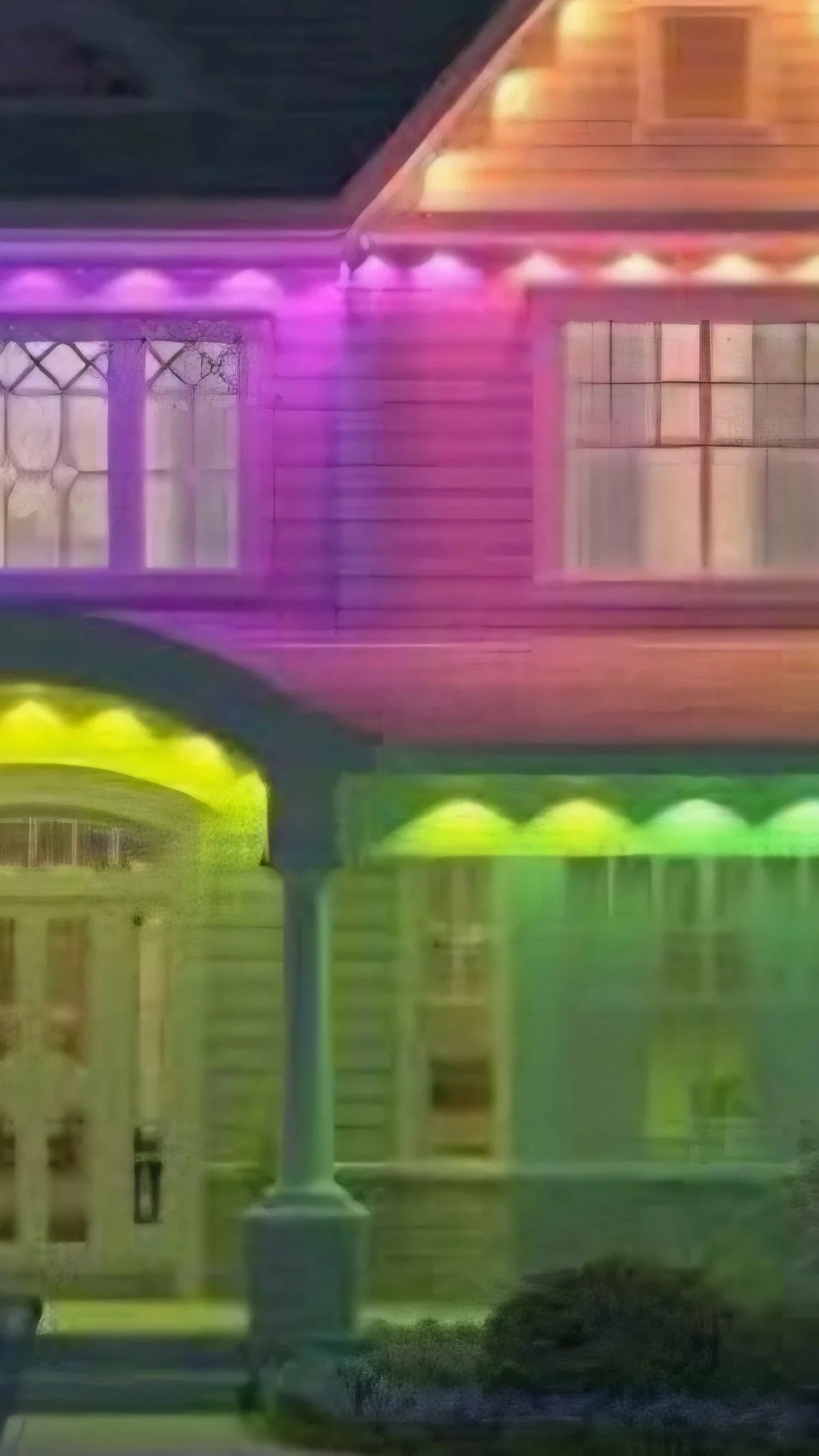 Colorful, abstract, digitally manipulated image of a house with prominent windows and a curved archway, illuminated with pink, yellow, and green lighting.