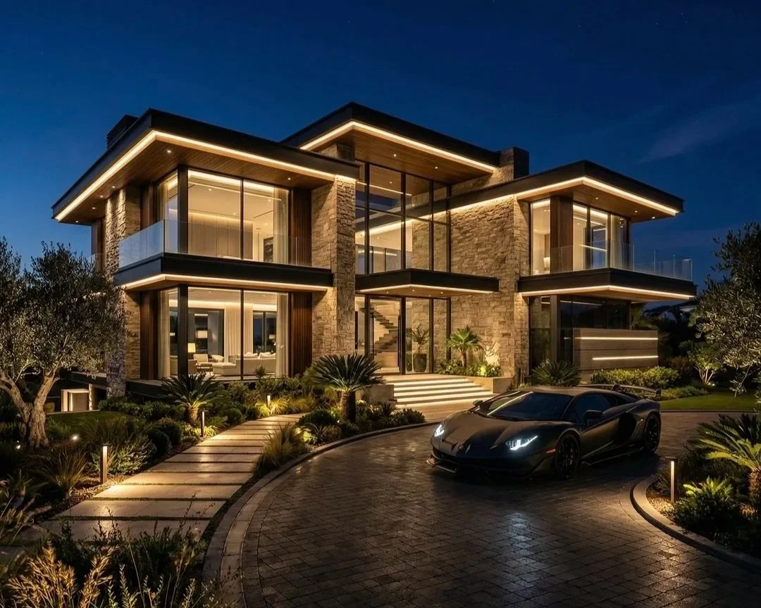 Luxury modern house with large glass windows, exterior lighting, and a sports car parked on a curved driveway at dusk.