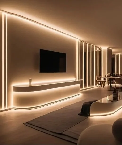Modern living room with ambient lighting, a large flat-screen TV on the wall, a sleek curved TV stand, a low-profile ottoman or coffee table, and a dining area in the background.
