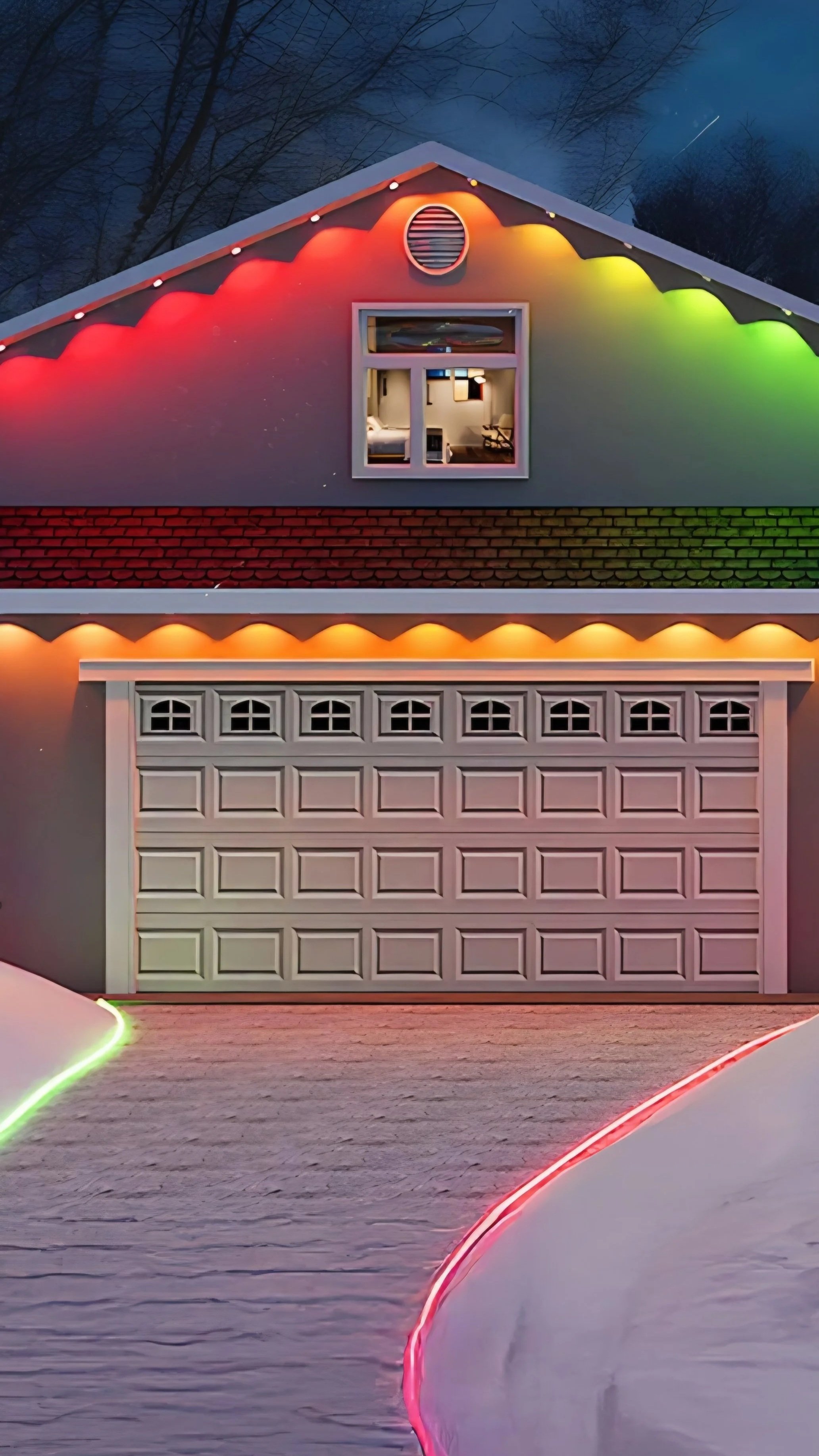 Front view of a house with a white garage door, illuminated with colorful lights, including red, orange, yellow, and green, with a window showing a cozy interior and a night sky in the background.