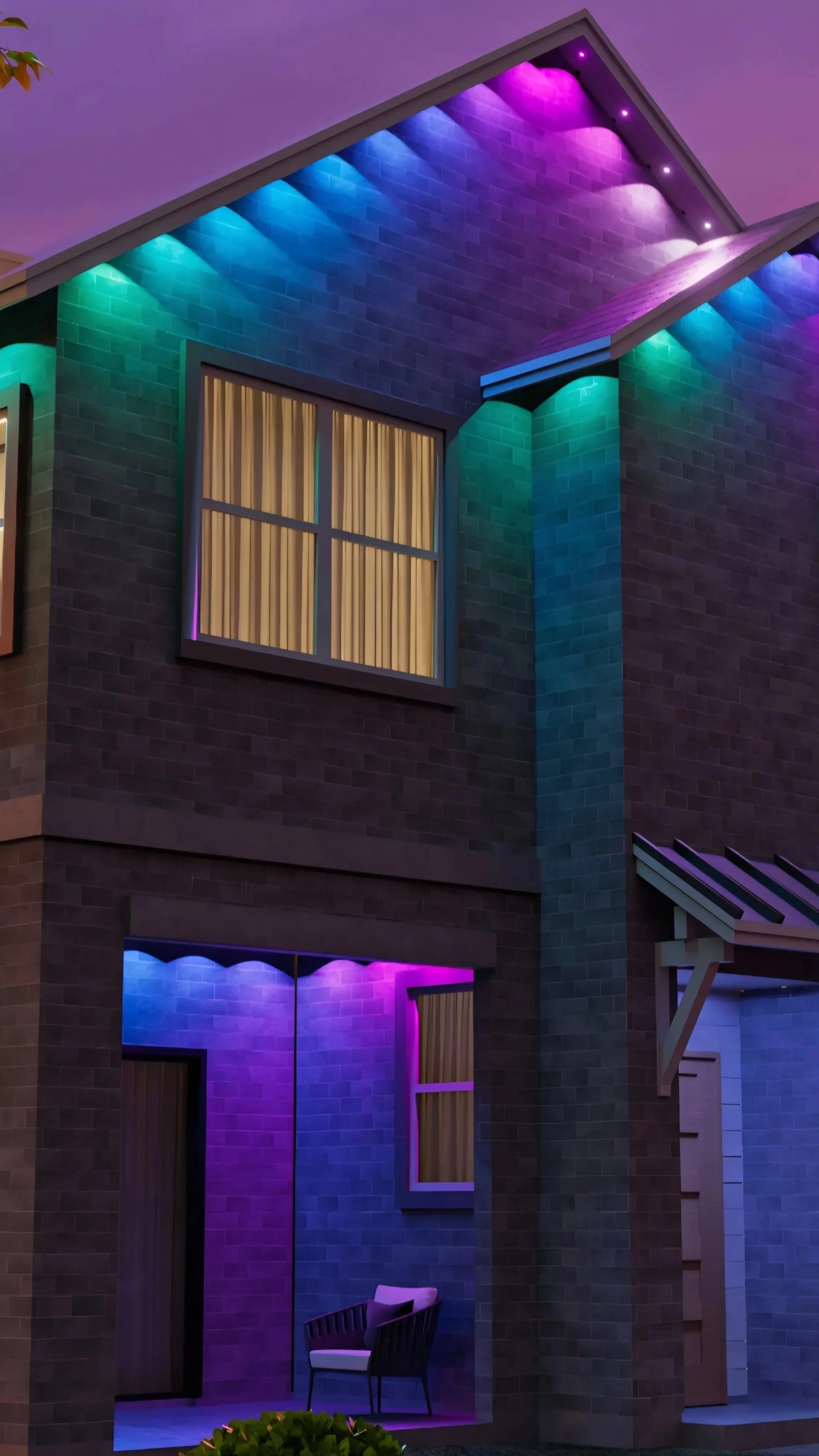 Nighttime view of a modern brick house illuminated with colorful purple, pink, and blue LED lights on the exterior walls and windows.