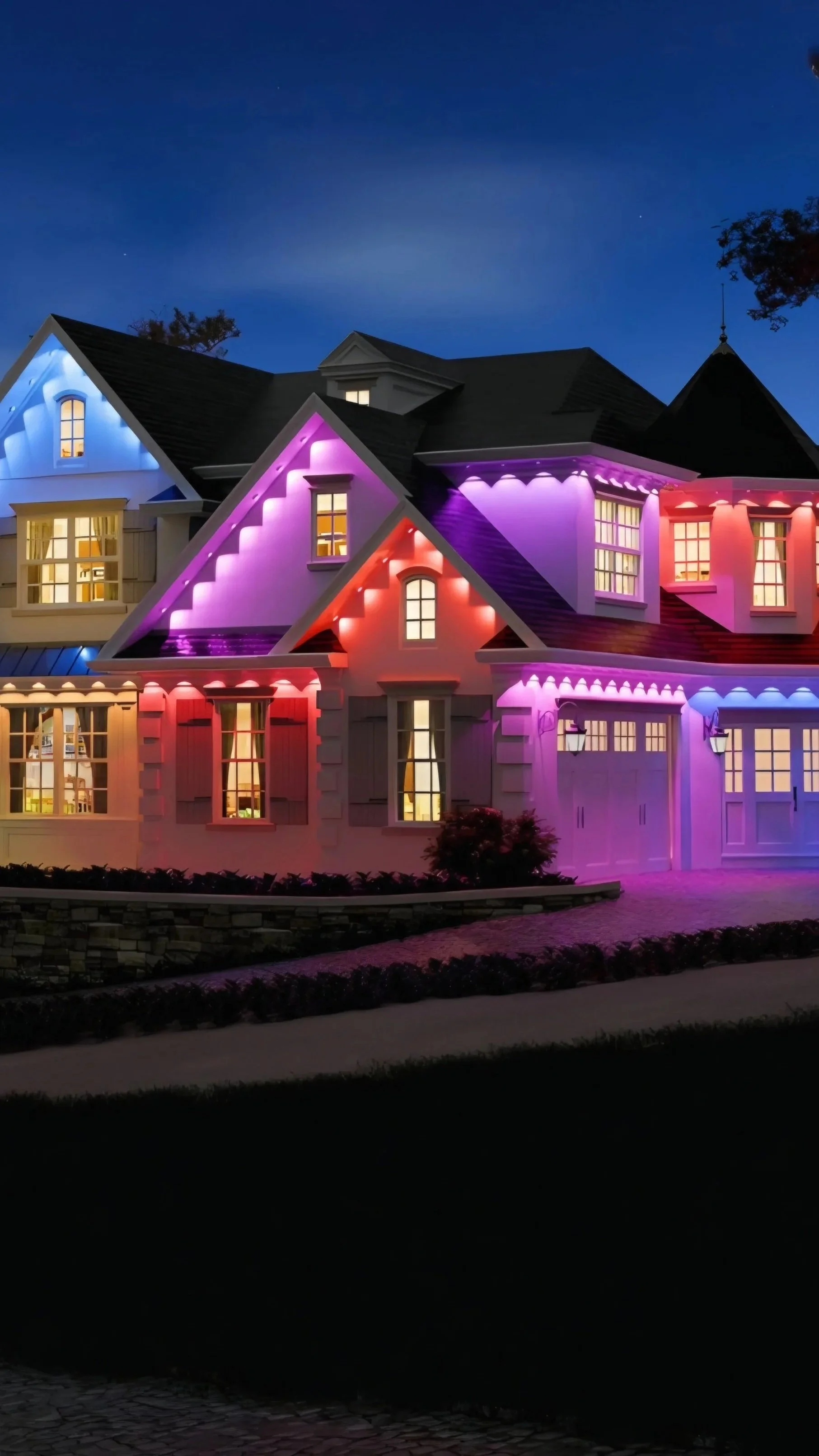A house illuminated with multicolored exterior lighting at night, showcasing pink, purple, blue, and red lights.