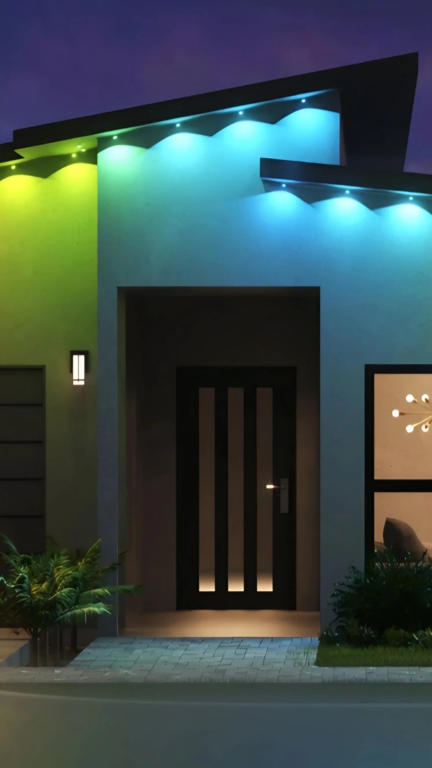 Modern house exterior at night with colorful LED lighting on the facade, featuring yellow, green, and blue lights above the entrance door and surrounding plants.
