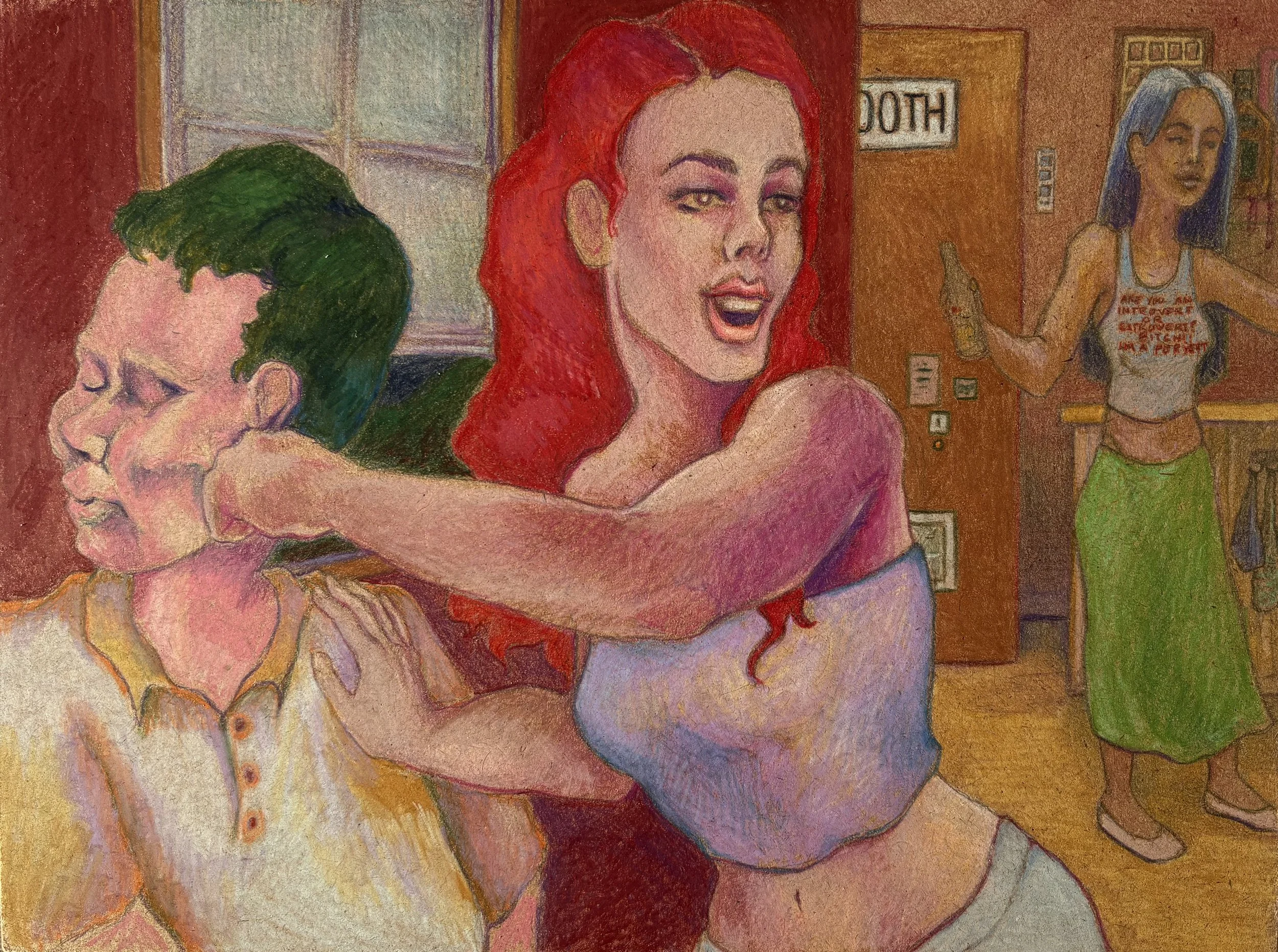 Bitch! Im a pervert, colored pencil on wood panel, 9x12", 2026