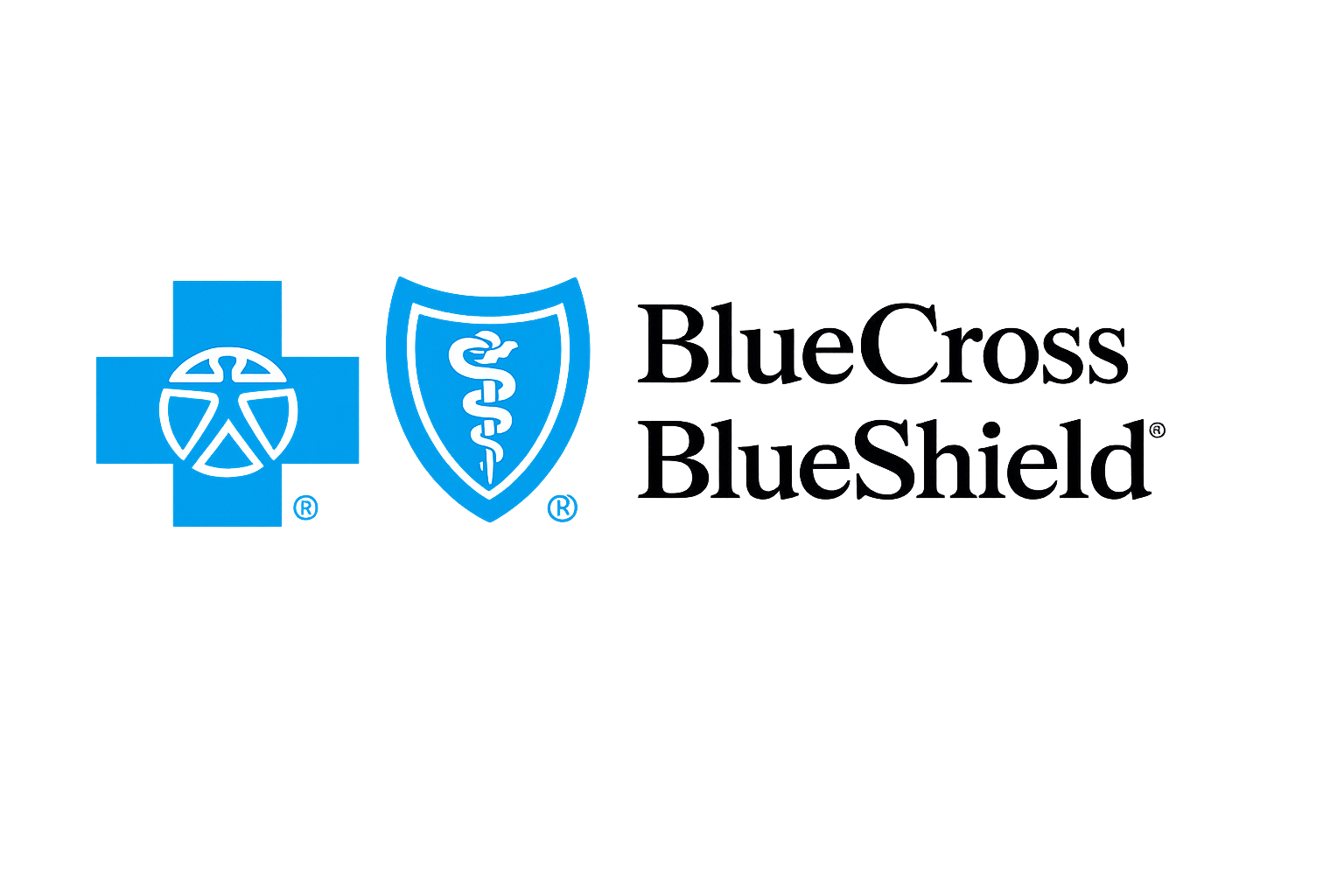 Blue Cross Blue Shield logo with a pair of symbols, one resembling a bridge and the other a medical caduceus, on a blue background.