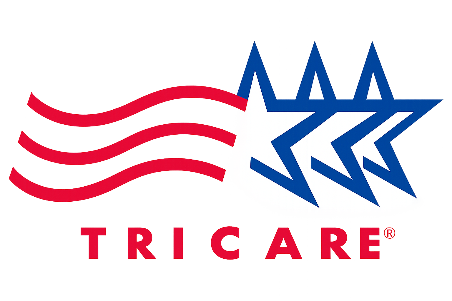 Logo of Tricare, a healthcare program for military members, with red, white, and blue patriotic design elements.