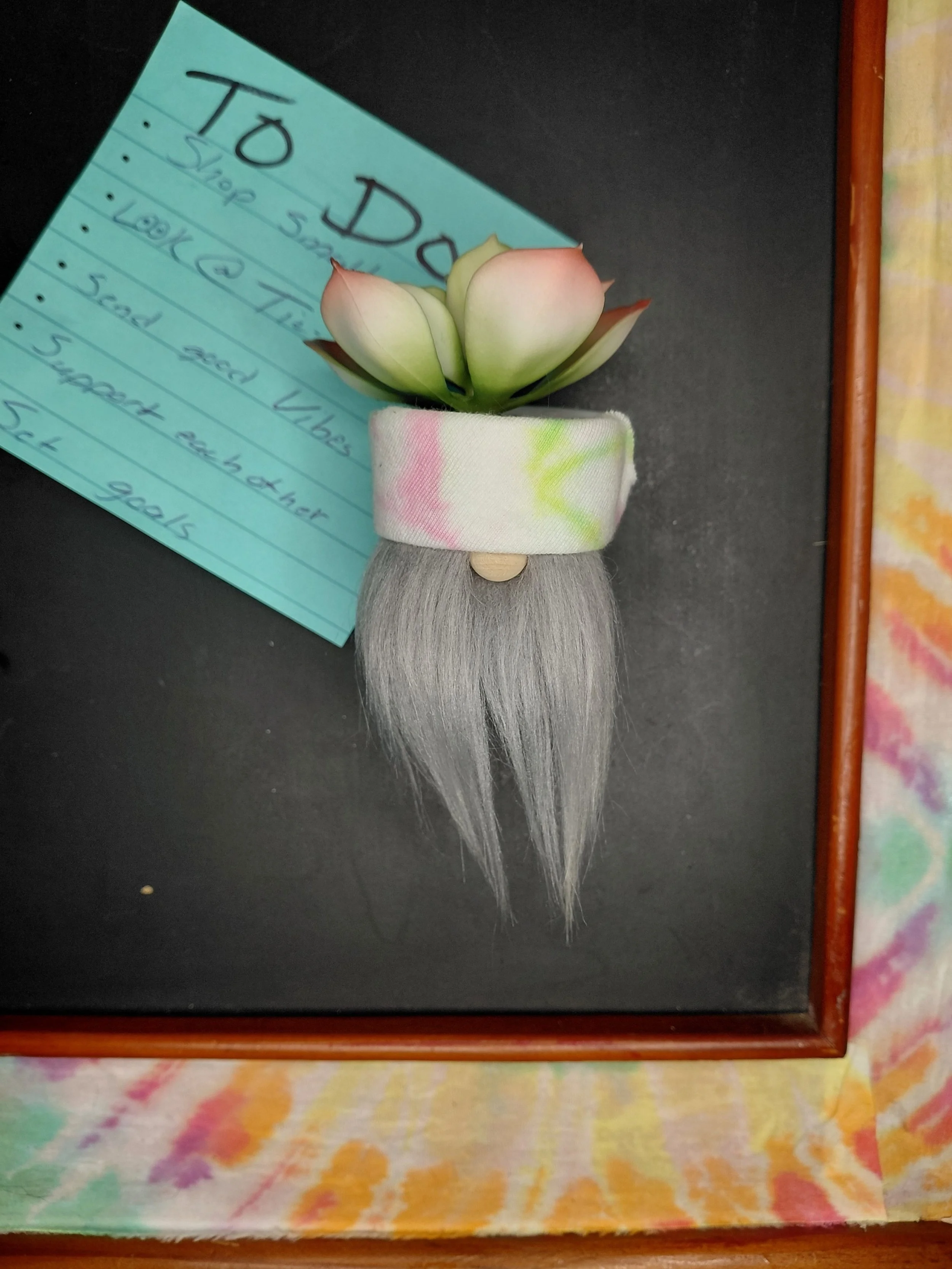 Pink and green Faux Plant Gnome Magnet – Handcrafted Mini Gnome with Faux Greenery & Tiger’s Eye Accent