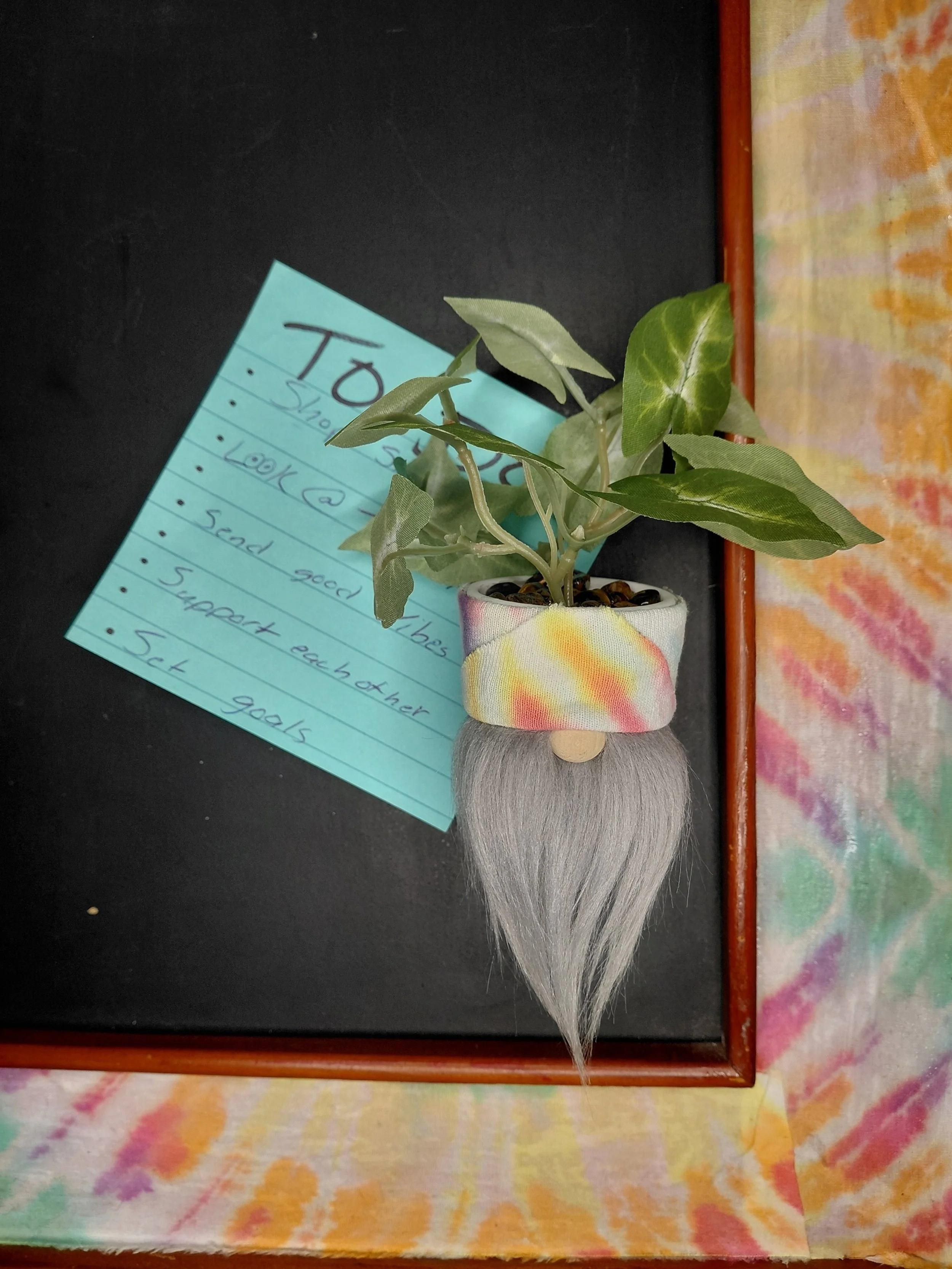 Rainbow Faux Plant Gnome Magnet – Handcrafted Mini Gnome with Faux Greenery & Tiger’s Eye Accent