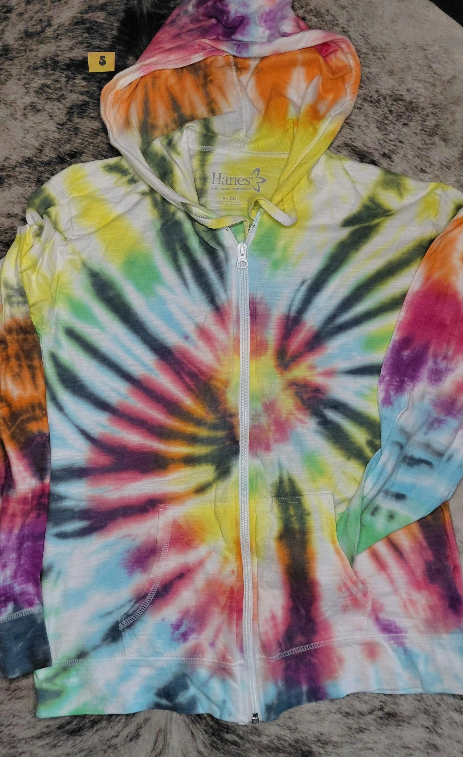 Small light knit zip up hoodie rainbow tie-dye