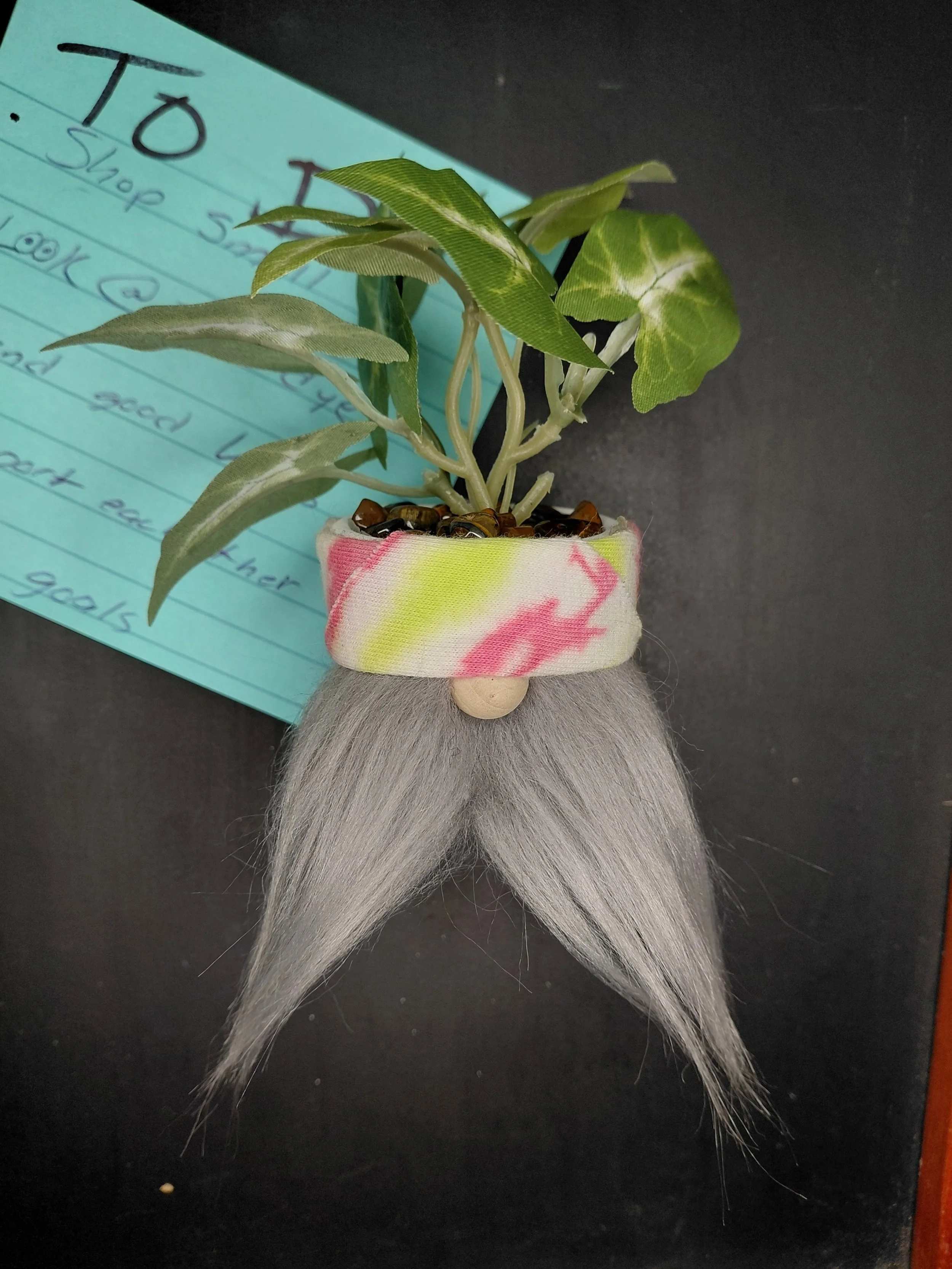 Holiday Faux Plant Gnome Magnet – Handcrafted Mini Gnome with Faux Greenery & Tiger’s Eye Accent