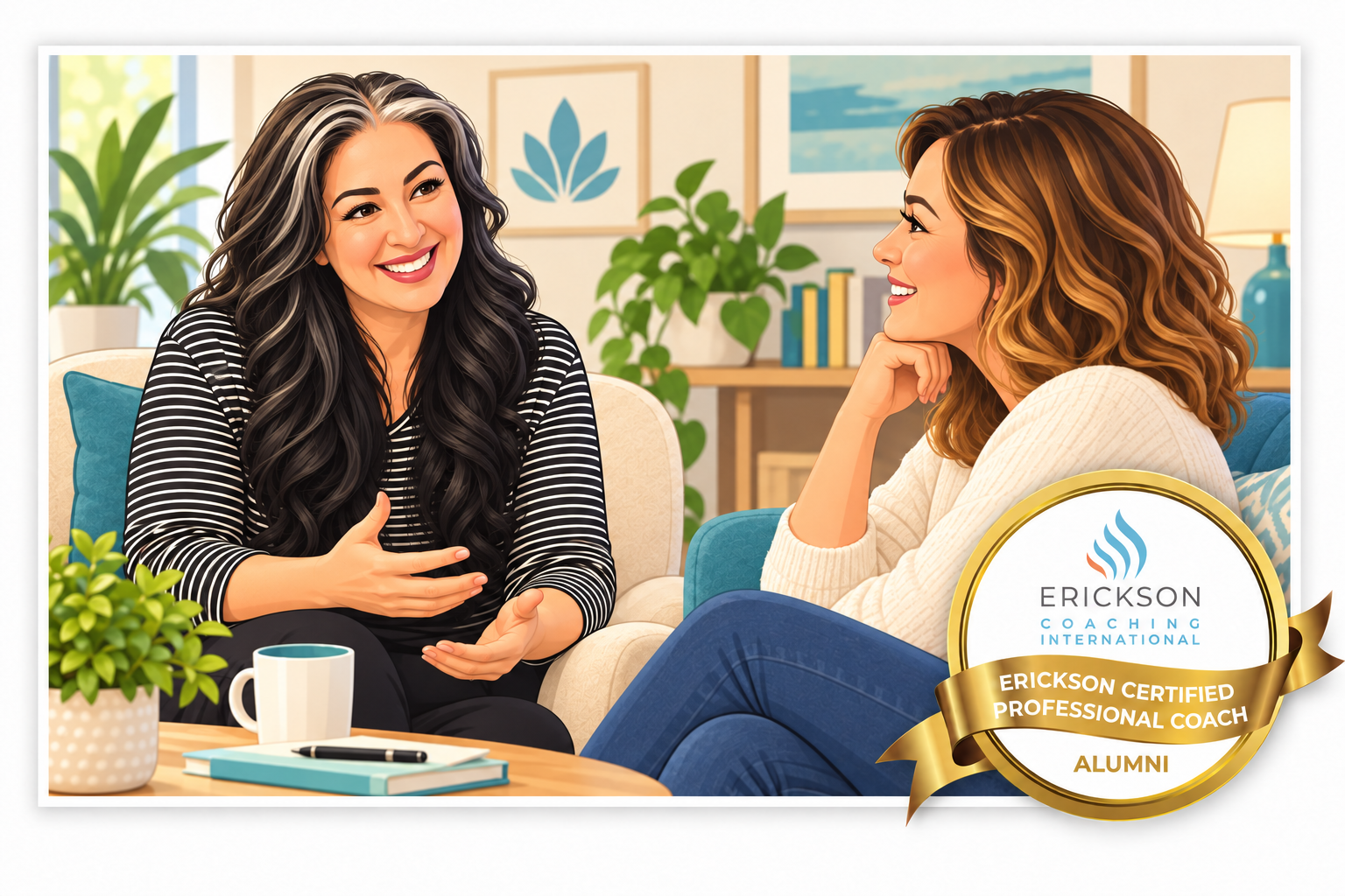Illustration of Cristi coaching a smiling client, with her Erickson Certified Professional Coach Alumni badge.