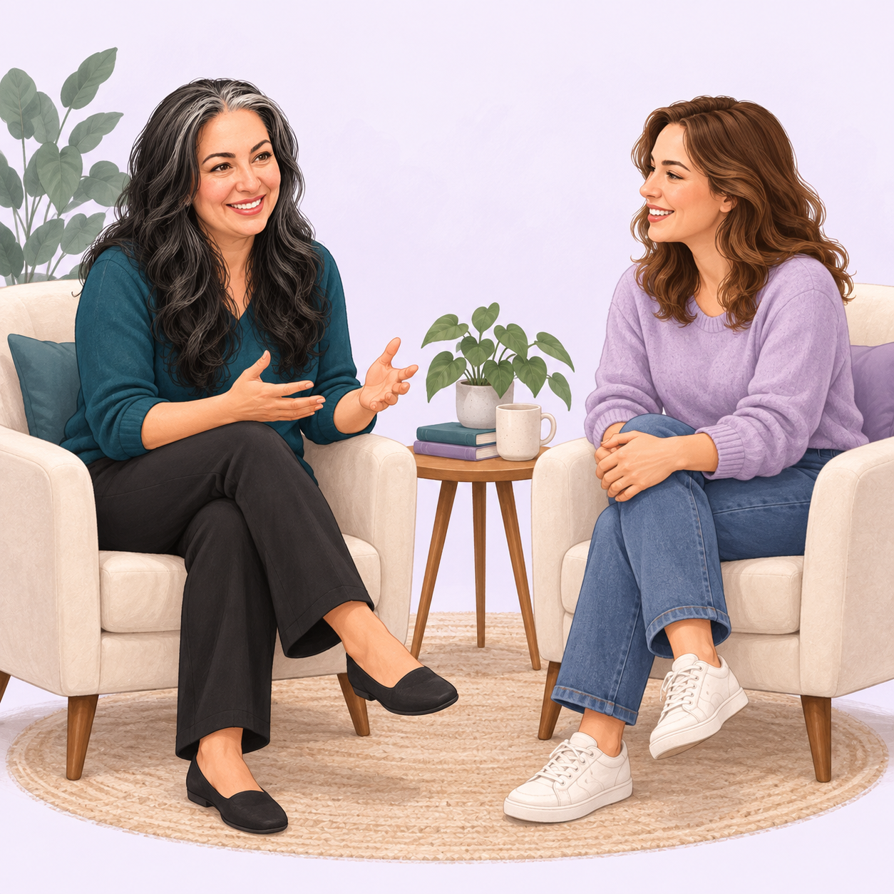 Illustration of Cristi in a warm coaching conversation with a smiling client.