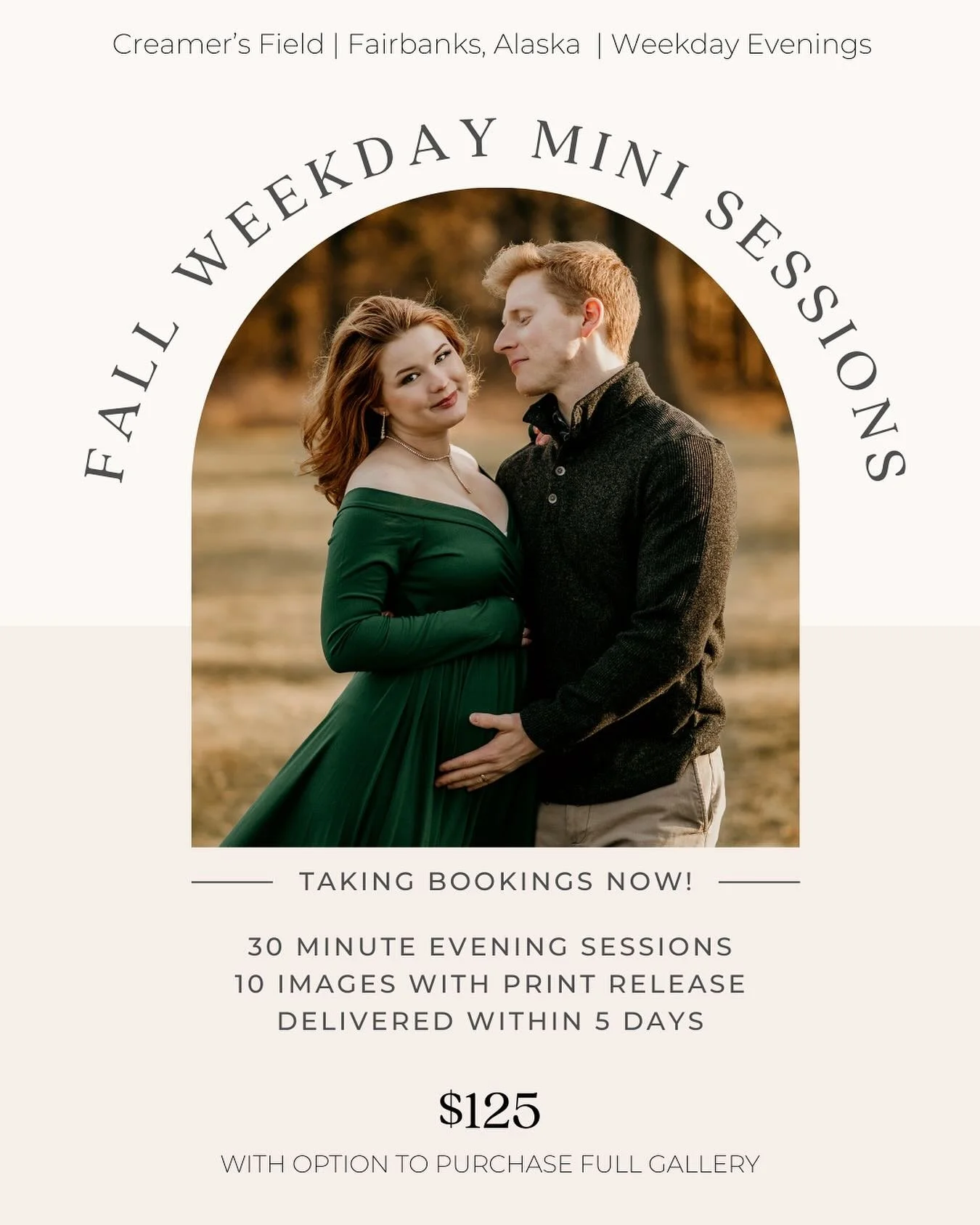 I&rsquo;m opening up two evening spots each weekday from 🍁 SEPTEMBER 15&ndash;30 🍁 for quick, easy, and beautiful fall photo sessions at Creamer&rsquo;s Field in Fairbanks 

📸 30-minute session
🖼 10 edited images with print release
⏱ Delivered wi