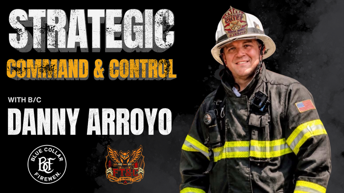 Title slide with the text "Strategic Command & Control: Tactics for Suburban Fire Operations" and the name "B/C Danny Arroyo" in yellow, set against a black background with a faint, large gray emblem or logo in the background.
