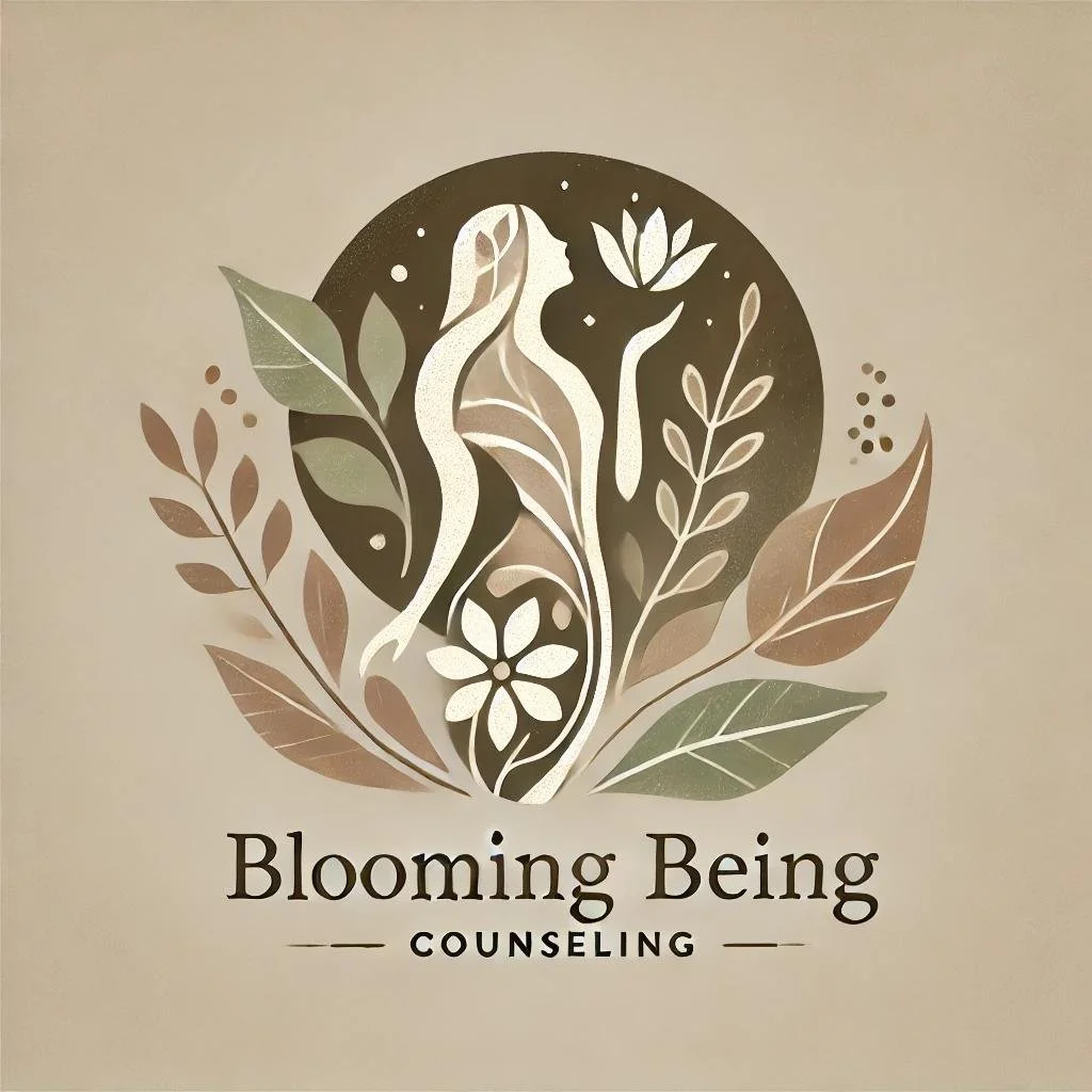 Illustration of a woman surrounded by leaves and flowers with the text "Blooming Being Counseling" beneath.