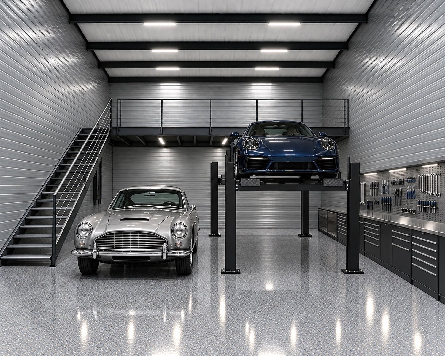 Storage condo interior with three vehicles parked side by side