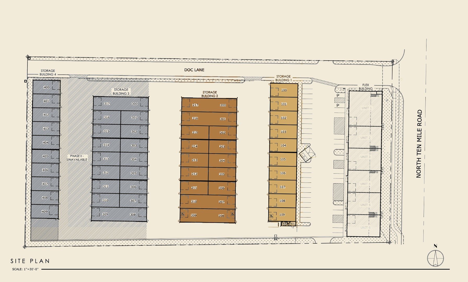 Color site plan of Ten Mile Storage Condos. Building 2 highlighted in rust — the pull-through row with drive-through units 200 through 217. Storage Buildings 3 and 4 shown in cool gray, Building 1 in amber. Flex Building at east edge shown in dust wash — not part of this offering. Phase II unavailable area shown at west edge.