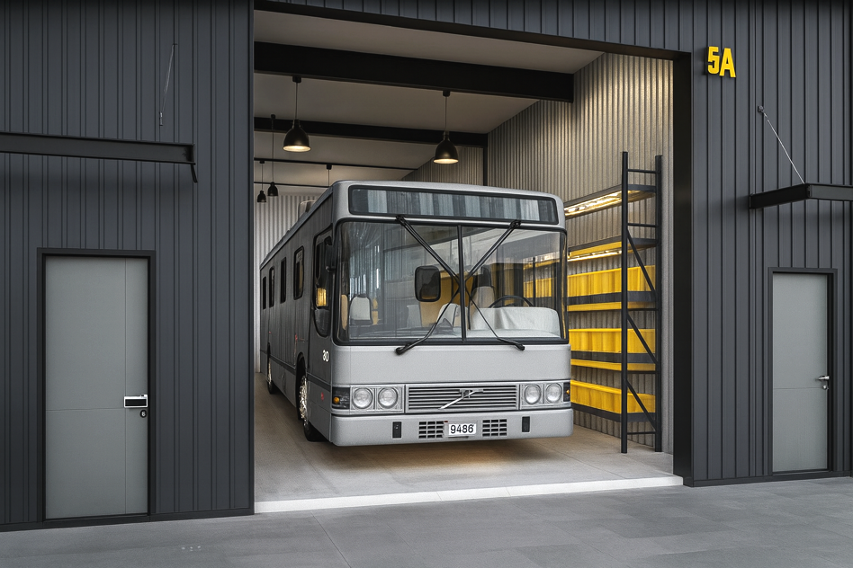 Full-size coach parked inside a unit