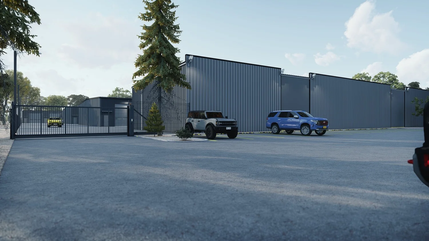 Exterior rendering of the completed development with the gated entrance and drive aisle