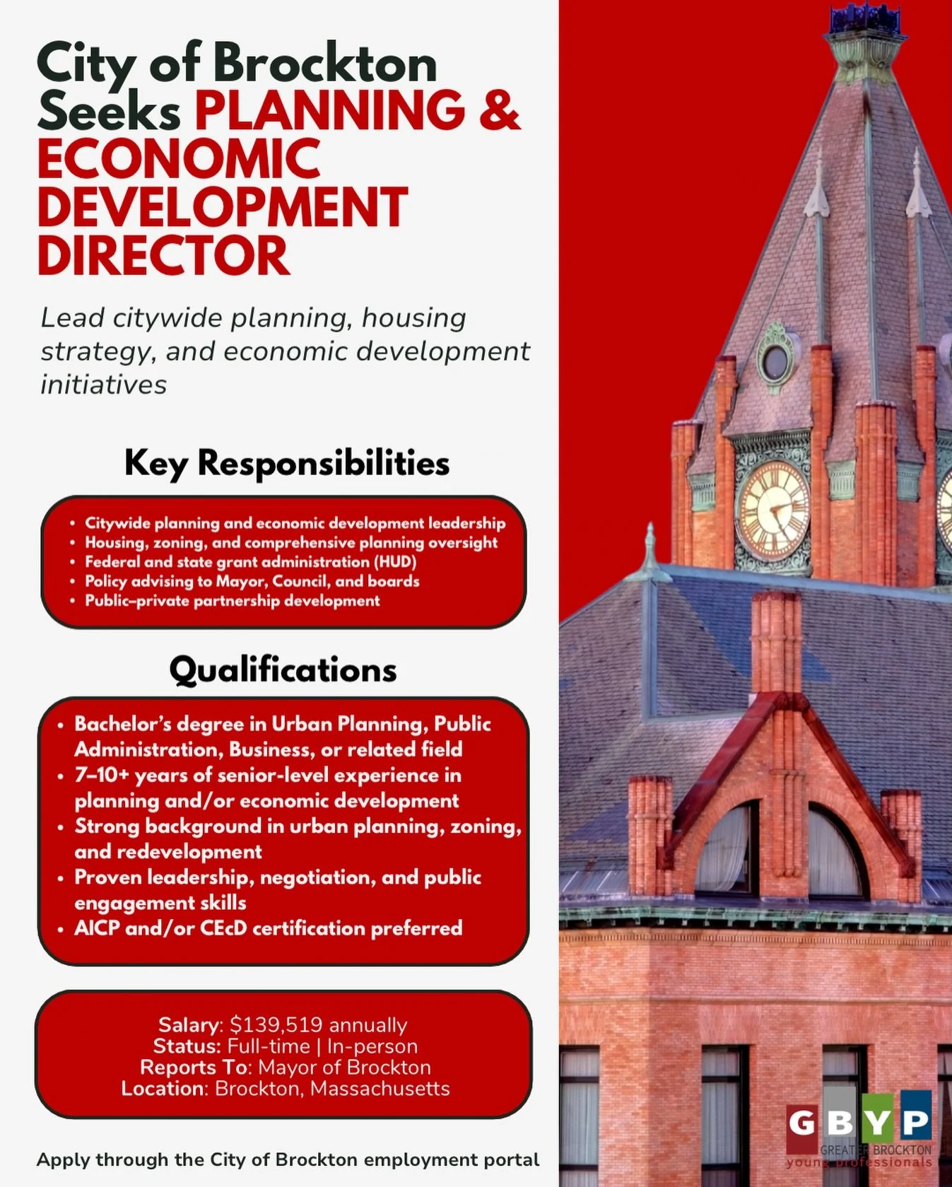 🚨Director of Planning &amp; Economic Development 🚨

The City of Brockton is seeking a senior leader to guide citywide planning, housing strategy, and economic development. Reporting directly to the Mayor, this role will play a key part in shaping B