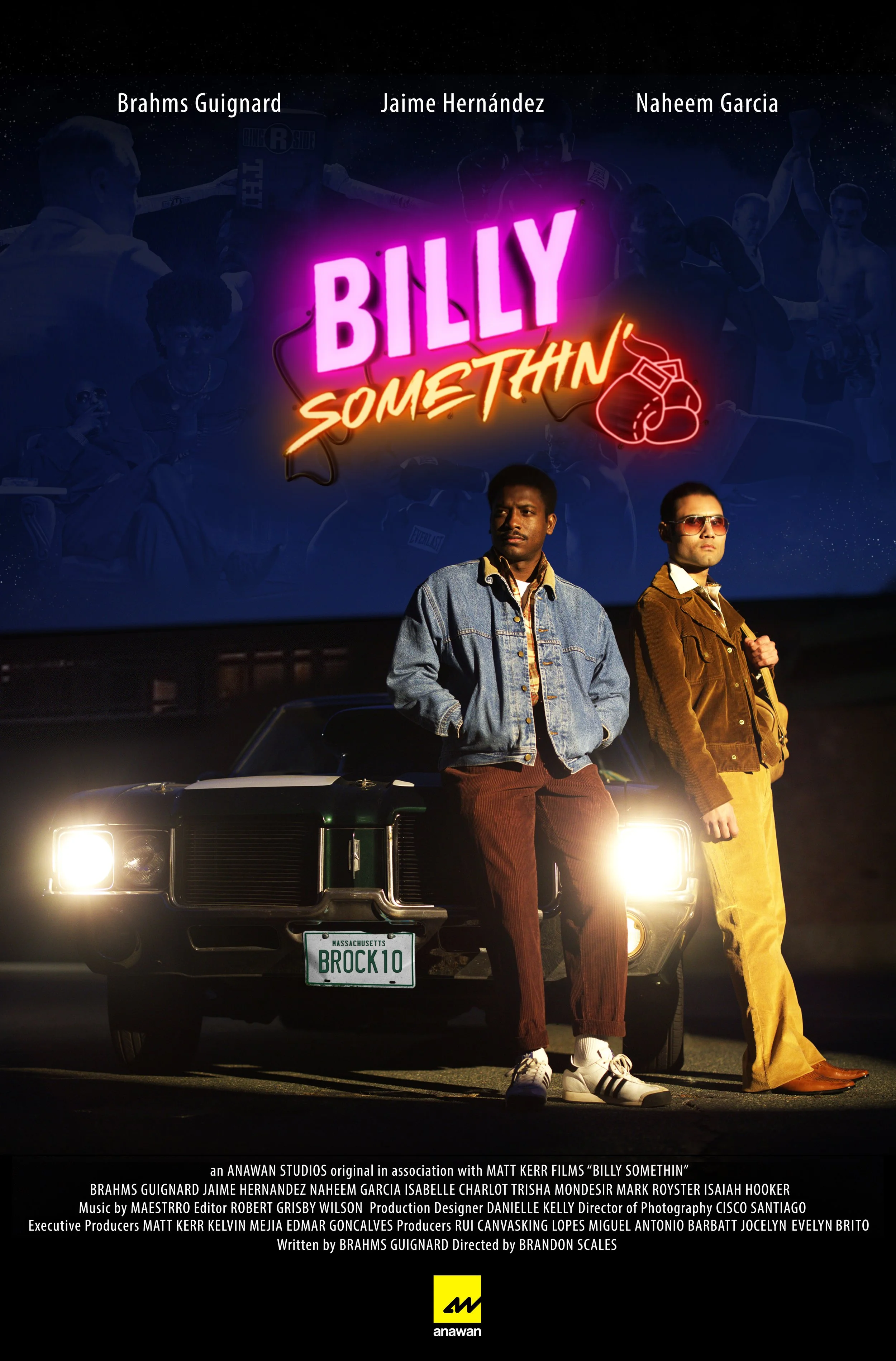 A promotional poster for the film 'Billy Somethin'' featuring two men standing in front of a car with a neon sign above them. The sign is pink and orange with a boxing glove graphic, and the title is written in large letters. The background shows sil