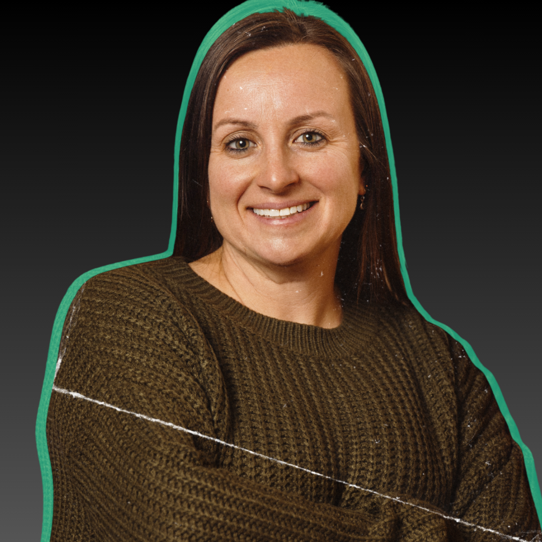 Katie Balboni with long brown hair wearing a brown knit sweater, smiling, with a teal outline around her head and shoulders on a black background.