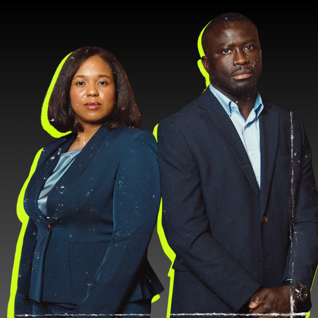 Fracois & Iraimi Diatta stand side by side against a black background, both dressed in formal navy blazers with a neon green outline around their figures.