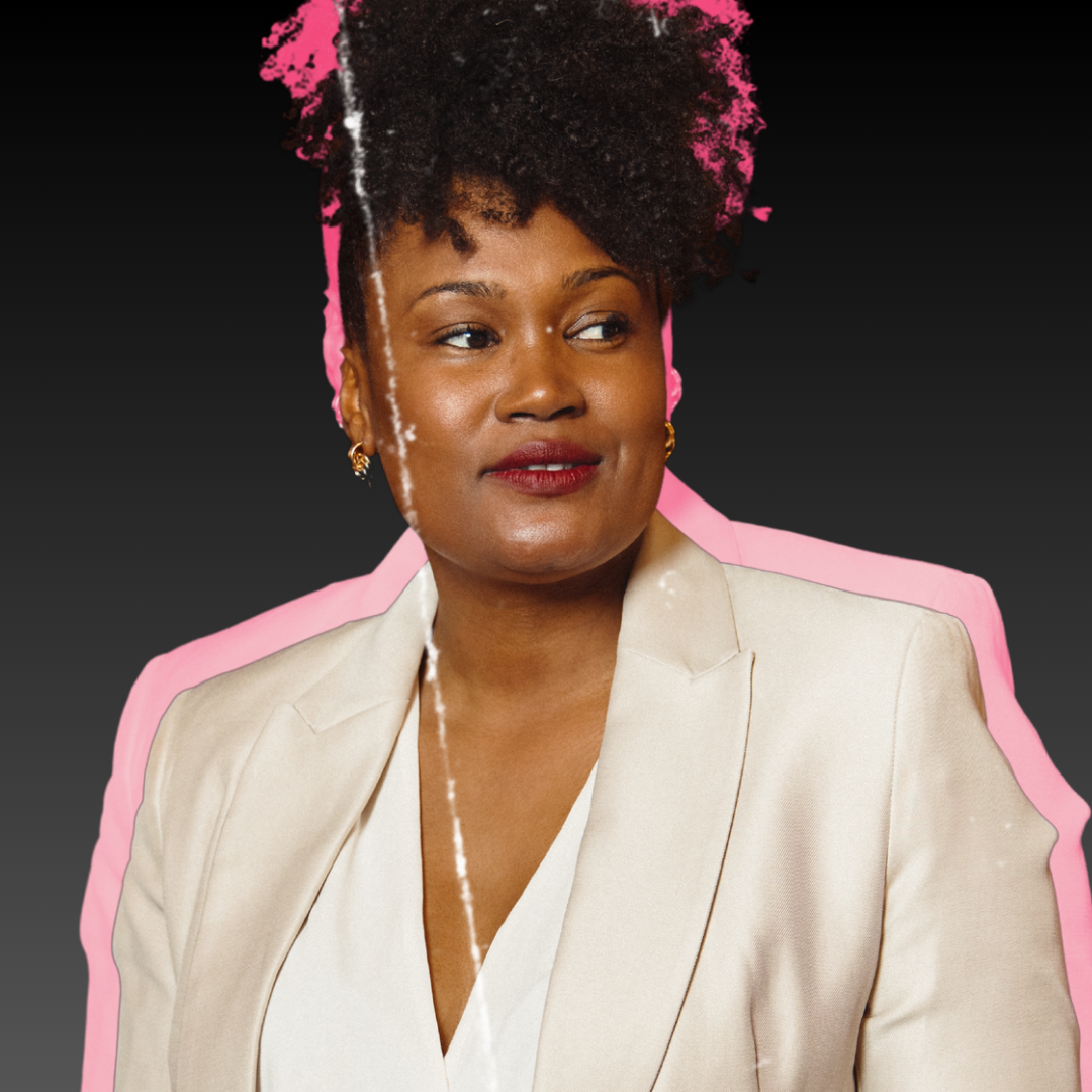 Dr. Ellie Paris with natural curly hair, wearing a cream blazer and earrings, looking slightly to the side with a subtle smile, with a pink outline behind her and a dark gray background.