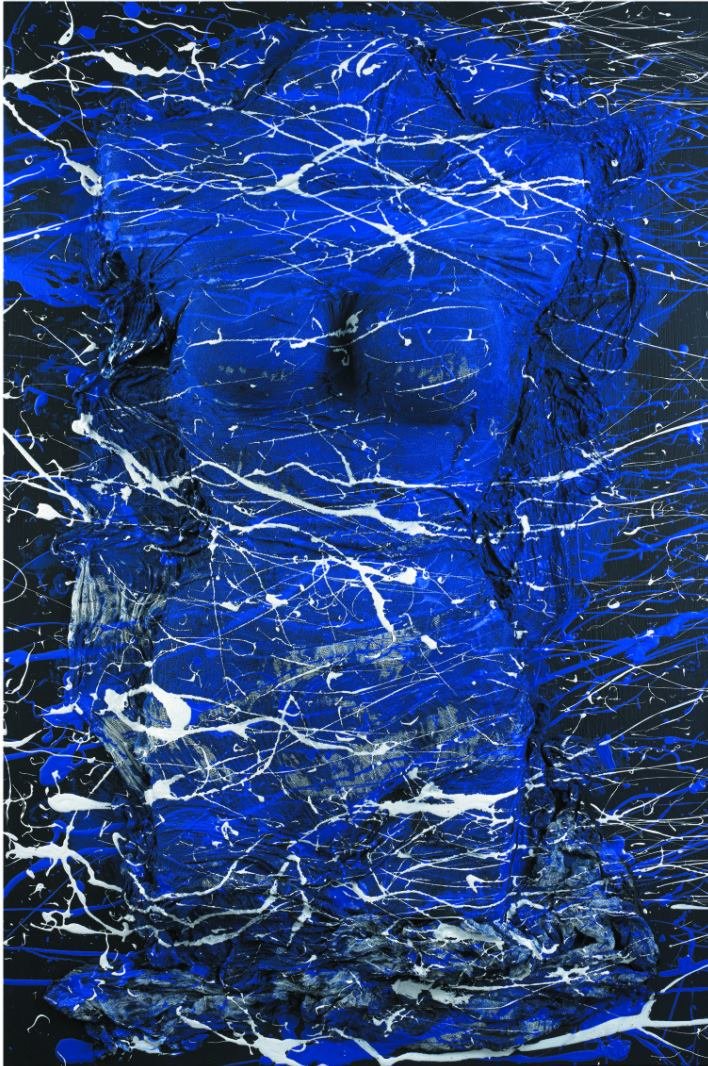 This artwork reveals a mysterious celestial presence emerging from a deep field of luminous blue. At the heart of the composition, the subtle relief of a female figure appears within the layers of paint, as if a body of light is materializing from th