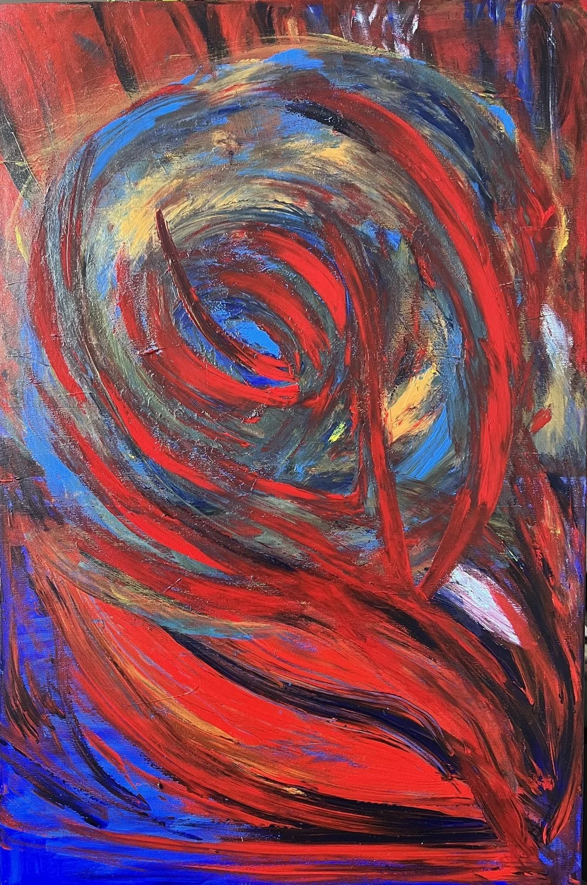 This artwork presents a powerful and dynamic composition where movement, light, and energy merge into an intense visual field. Swirling layers of red, blue, and gold create a sense of continuous transformation, as if a force is emerging from chaos an