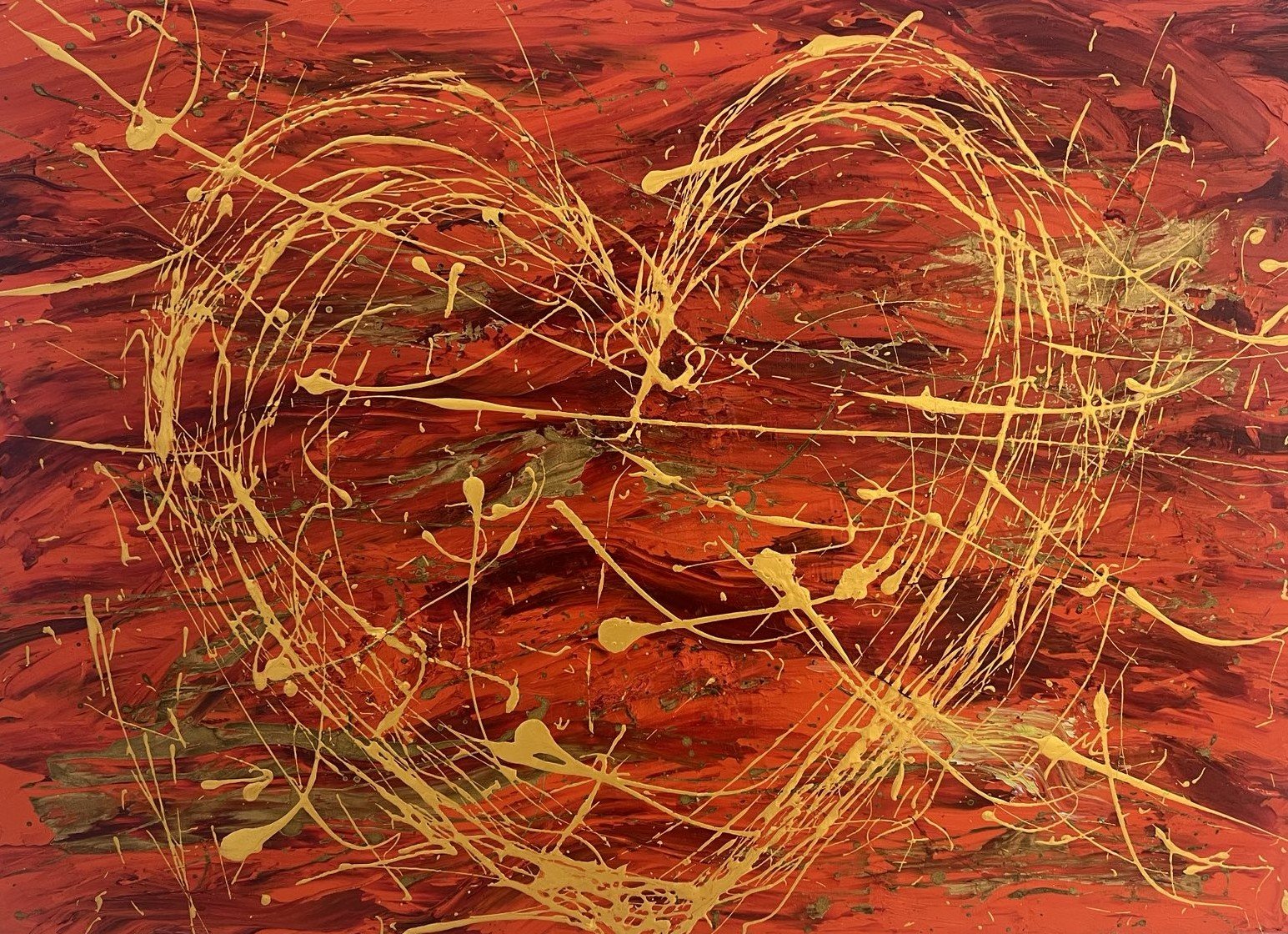 This artwork unfolds like a celestial narrative written in light and motion. Against a vast field of deep crimson—resembling the glowing atmosphere of a distant cosmic horizon—streams of luminous gold begin to trace a powerful form. Gradually, throug