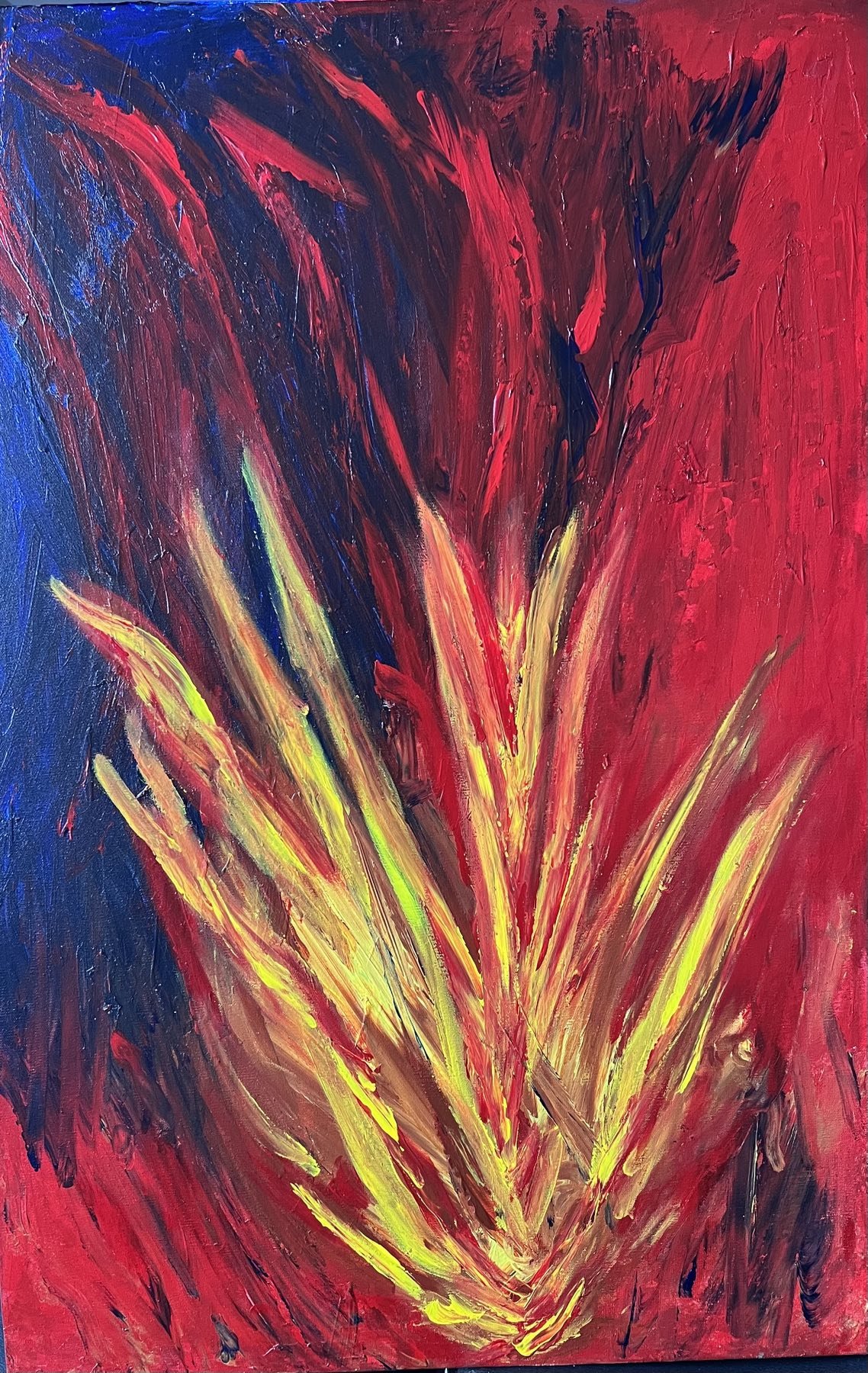 This artwork evokes the feeling of a celestial ignition — a moment where light is born within the vastness of cosmic space. Radiant streaks of gold rise from deep fields of crimson and midnight blue, resembling a burst of stellar energy emerging from