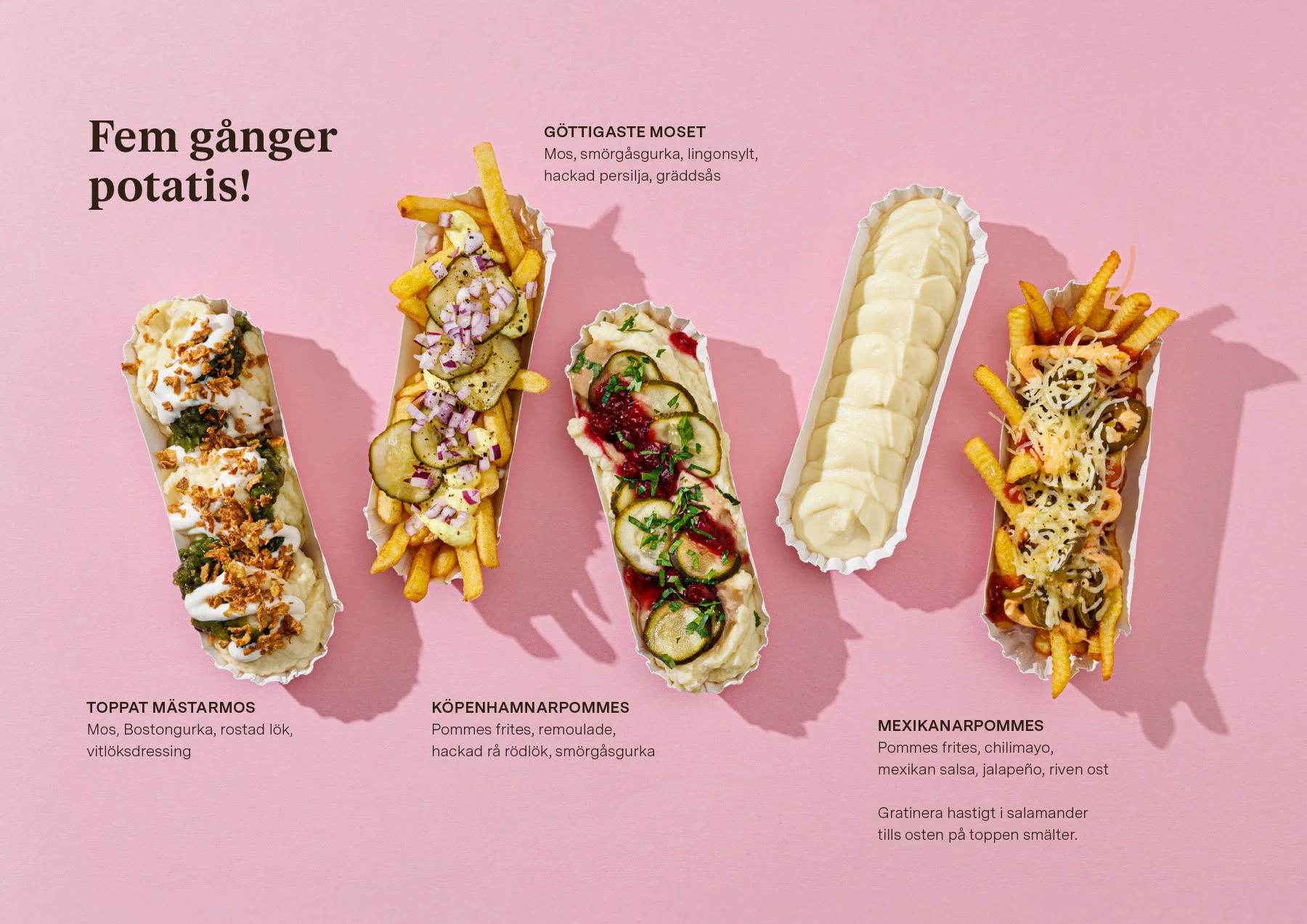 Five open-faced potato dishes with various toppings on a pink background, each labeled with a description in Swedish.