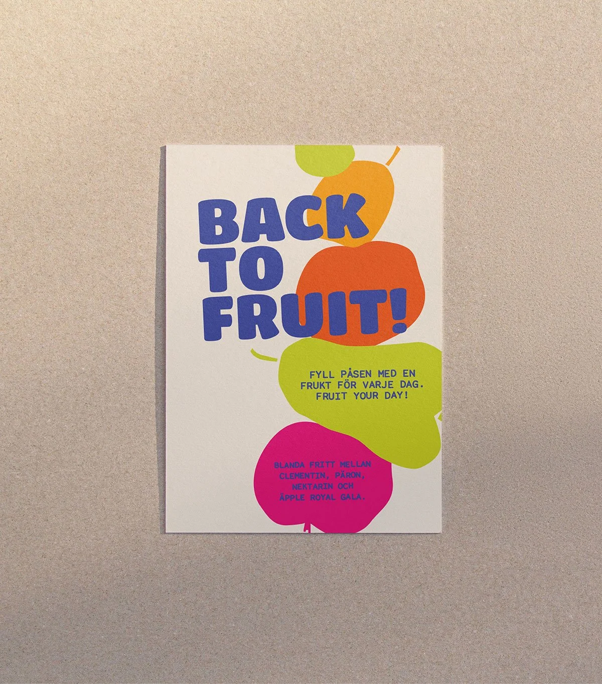 Colorful poster with large text saying "Back to Fruit!" and cartoon illustrations of various fruits, including an apple, orange, and grape. The poster encourages filling Easter with a fruit for each day and lists mixed fruits on a pink speech bubble.