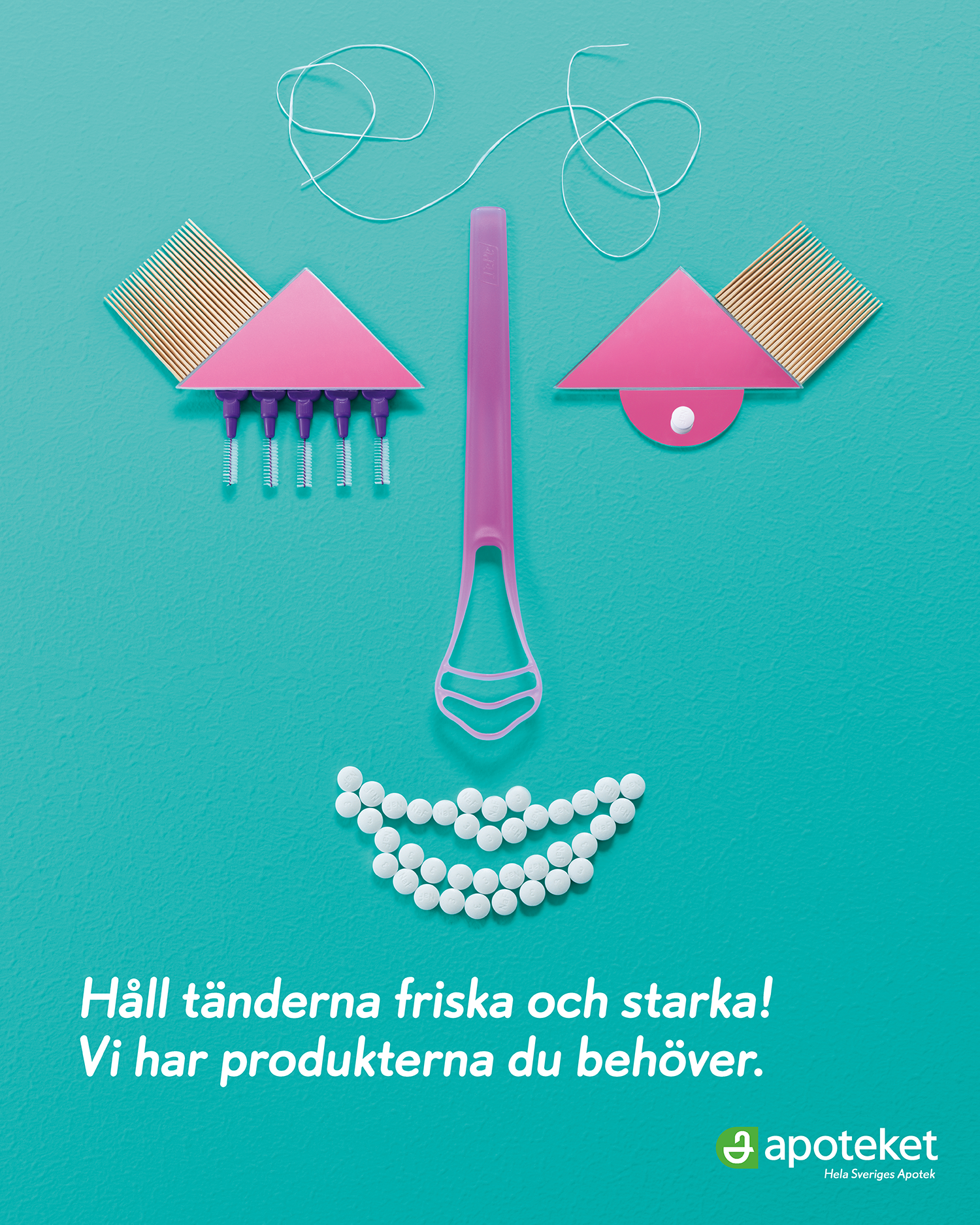 An advertisement featuring a face made of dental care items such as toothbrushes, tablets, and string floss, with Swedish text encouraging dental health and a logo for Apoteket.