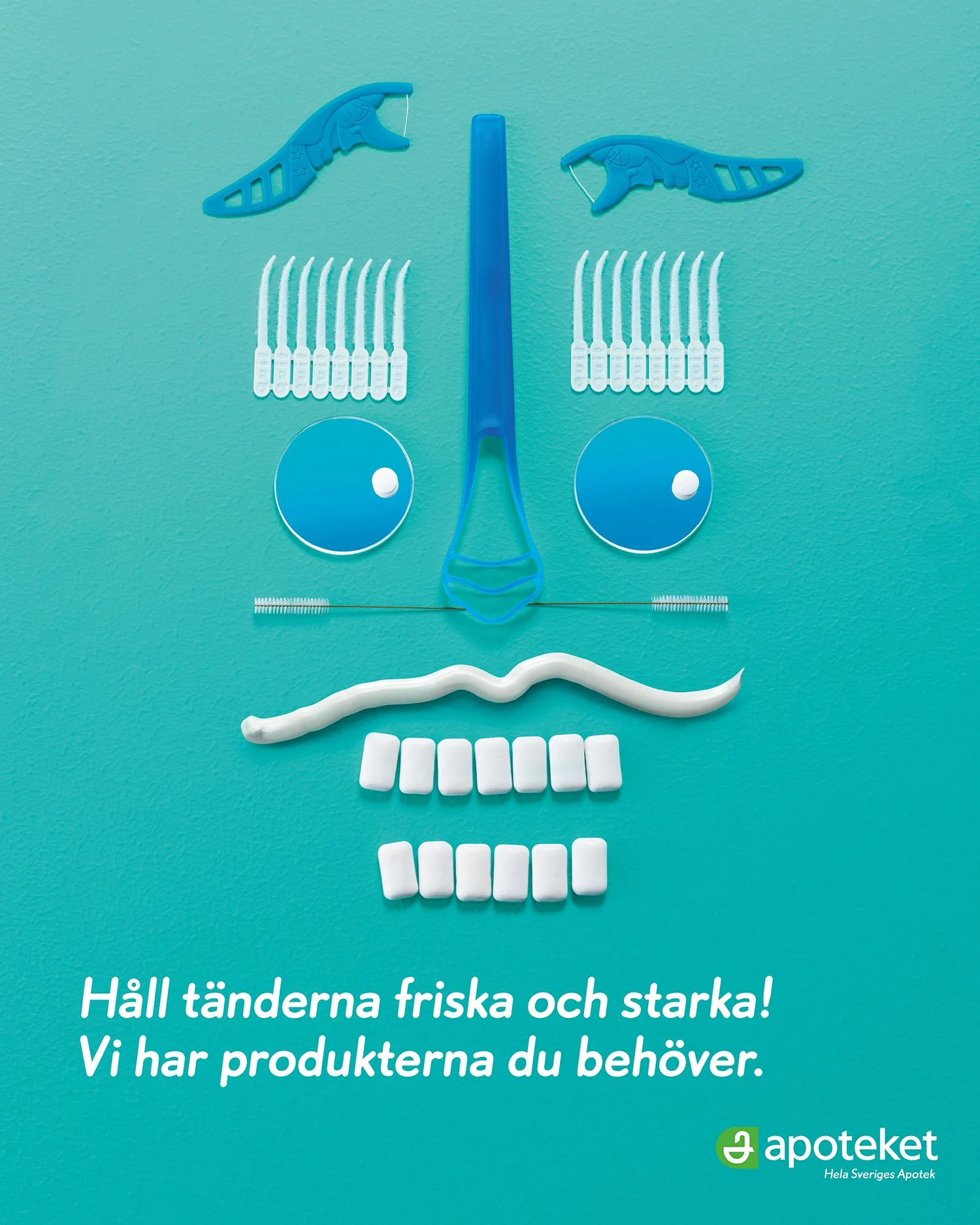 Colorful image with toothbrushes, dental floss, and a smile shape, and Swedish text encouraging dental health, along with a logo of Apoteket, a Swedish pharmacy chain.