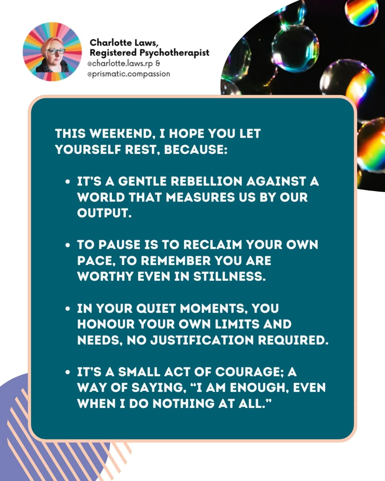 This weekend, I hope you let yourself rest. It&rsquo;s a gentle rebellion against a world obsessed with doing. Even in stillness, you are enough.

#restasresistance #selfcompassion #slowliving #mentalhealthmatters #prismaticcompassion #gentlerebellio