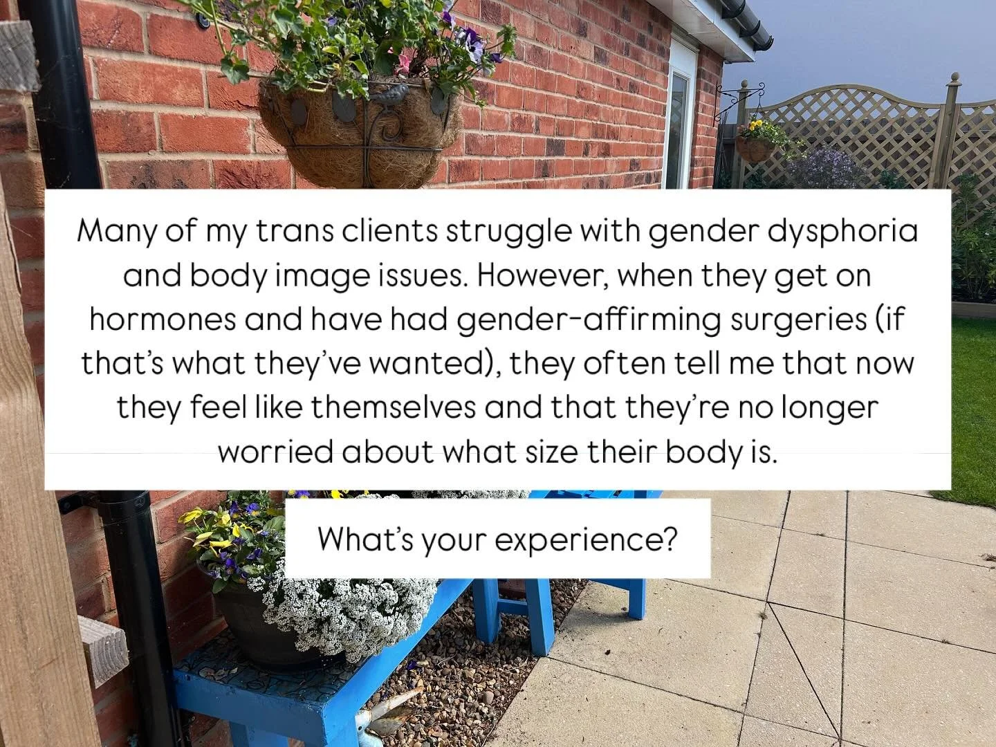 Gender affirming care can improve a trans person&rsquo;s life in so many ways. Body image and size seems to be one of them.

Is this your experience? 🏳️&zwj;⚧️ 

#genderidentity #trans #nonbinary #genderfluid #transgender #bodyimage #bodysize #dietc