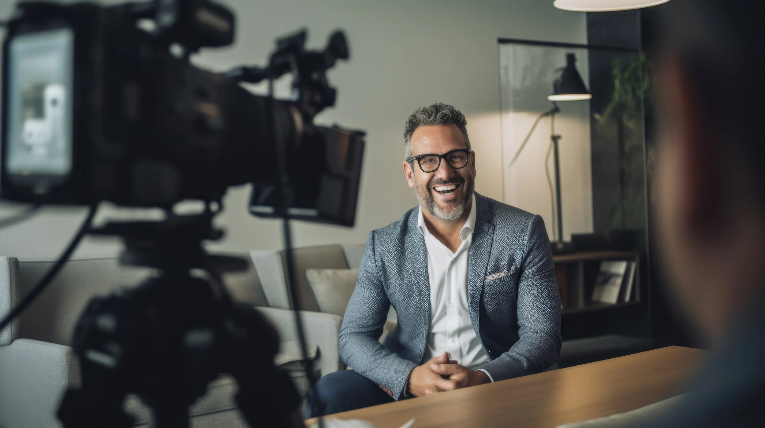 Executive man in front of camera smiling laughing