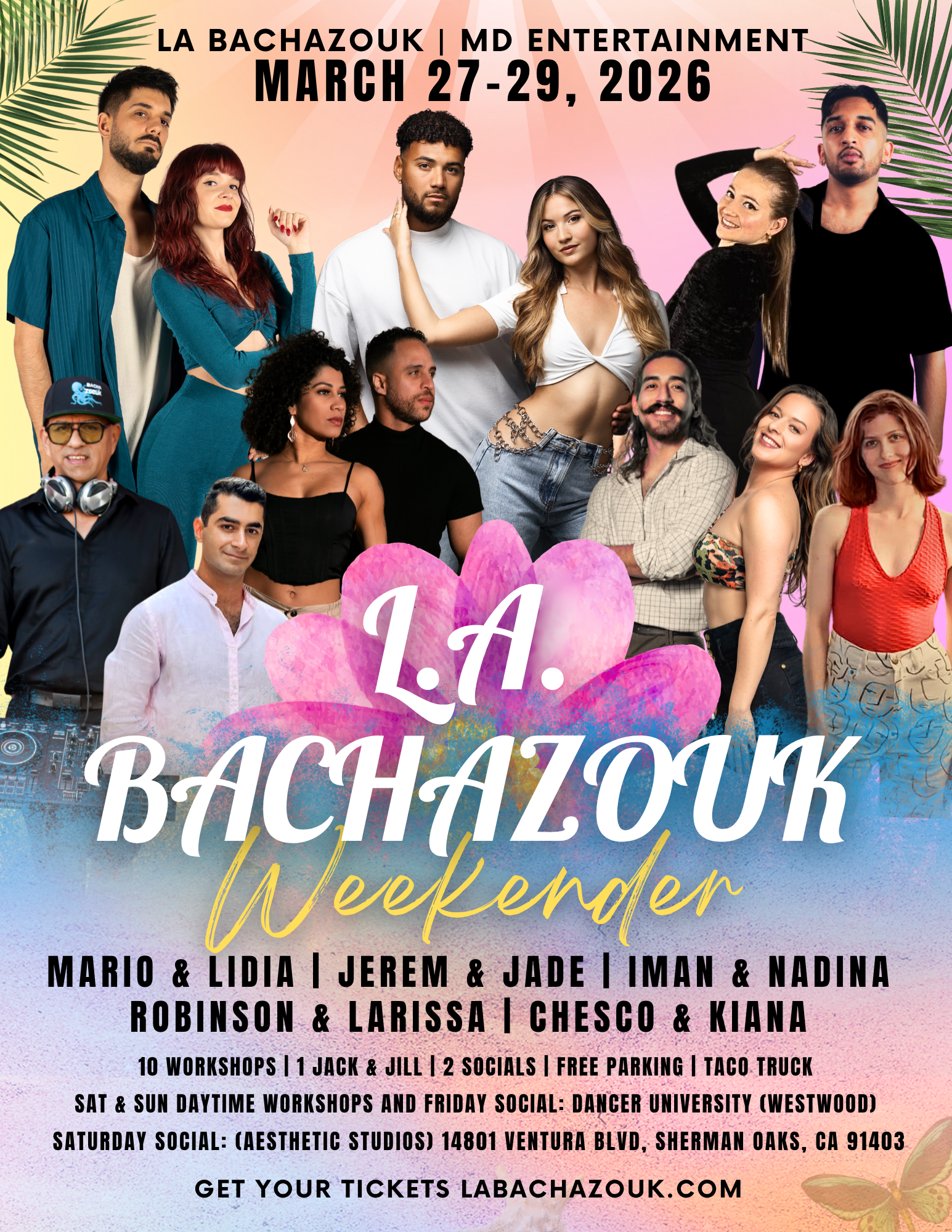 Poster promoting La Bachazouk Weekend event from March 27-29, 2026, featuring photos of several dancer instructors from the UK, Spain, France, Brazil and DC, with event details, scheduled workshops, social events, parking info, and ticket website.