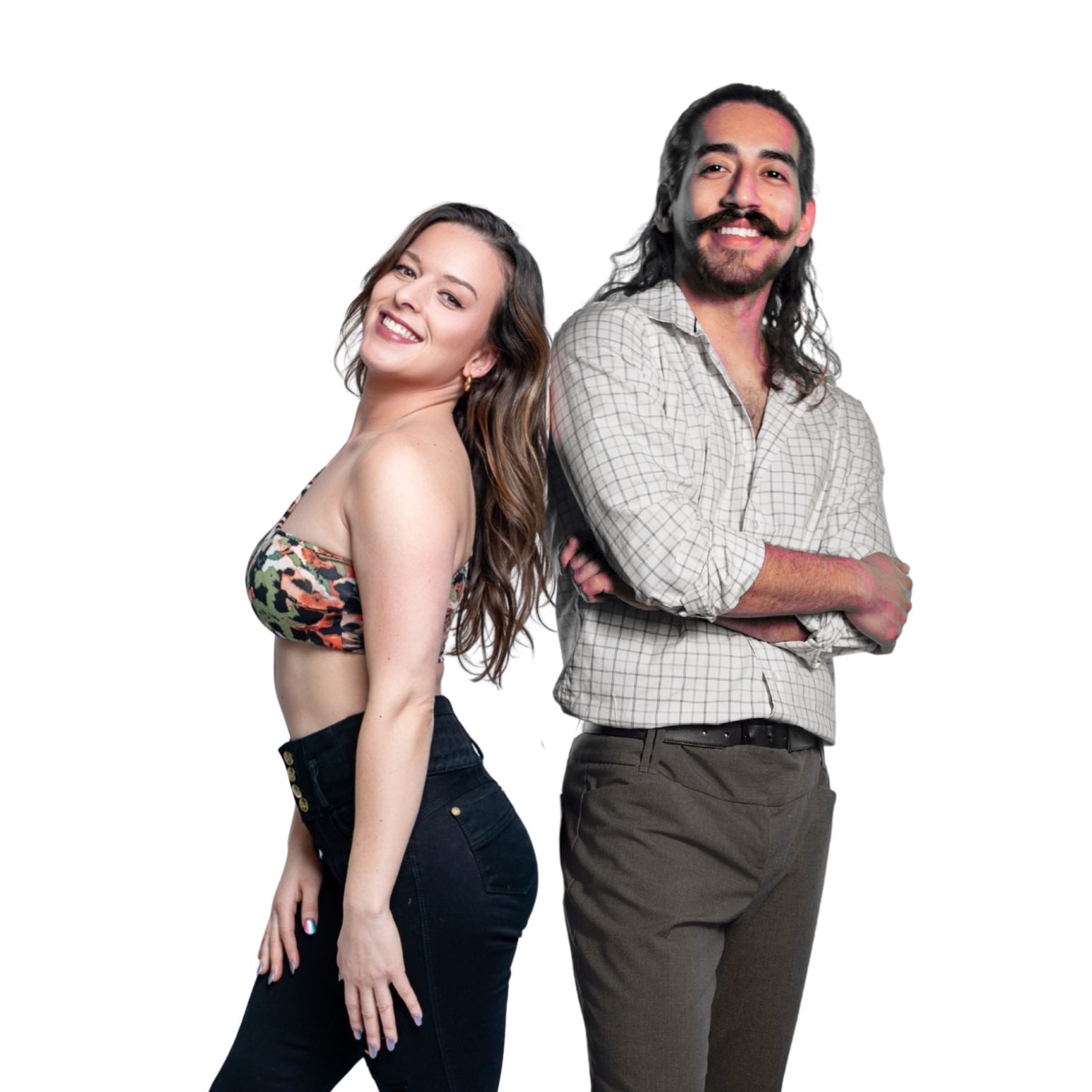 A woman with long wavy brown hair in a floral crop top and black jeans, smiling, standing next to a man with long dark hair, moustache, and beard, in a light-colored checkered shirt and brown pants, both standing back to back with arms crossed.