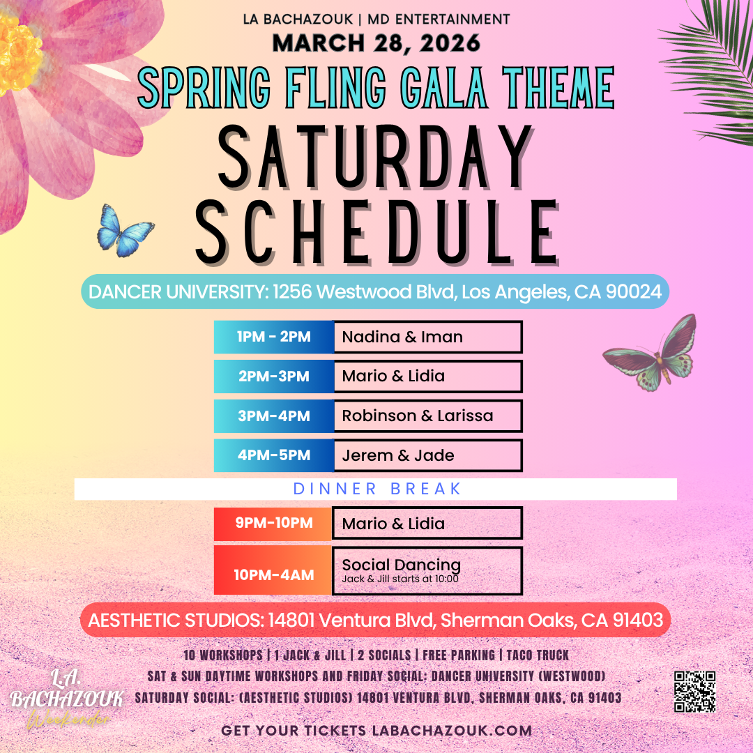 LA Bachazouk Weekender flyer with workshops featuring Iman and Nadina from the UK, Mario y Lidia from Spain, Robinson & Larissa from Florida, and Jerem and Jade from France. Social and Bachazouk Jack and Jill Competition at Aesthetic Dance Studio