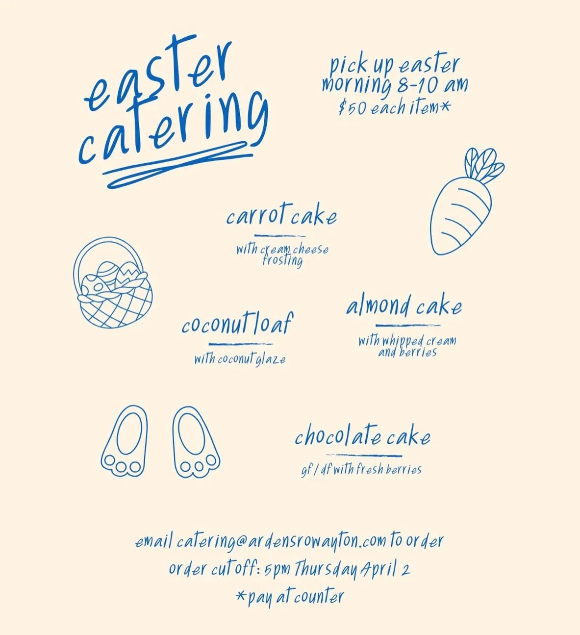 something sweet for your easter sunday 🐣 email catering@ardensrowayton.com to place your cake orders 🍰