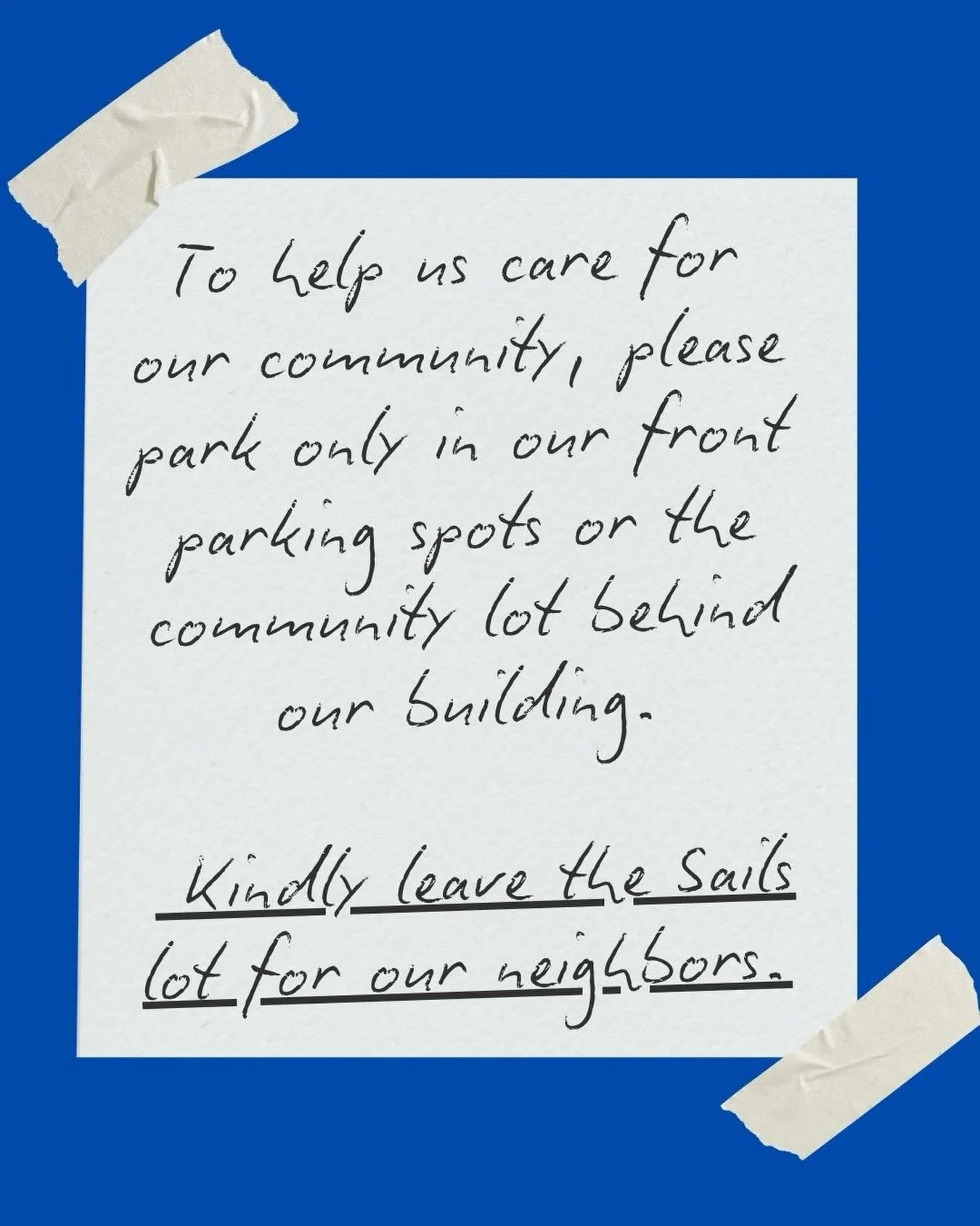 PSA thanks for helping us keep our little corner of town thoughtful 🤍

please park in arden&rsquo;s designated spots out front or in the community lot behind the building &amp; kindly leave the sails lot for our neighbors.