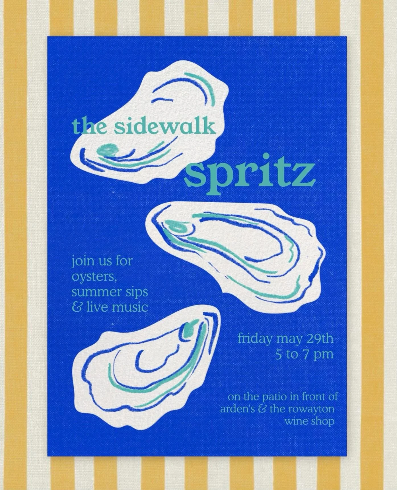 something sunny to look forward to on this rainy day! ☀️ 

join us &amp; @rowaytonwineshop for our first sidewalk spritz on friday may 29th from 5 to 7 pm. oysters 🦪 , live music by our very own LUIGI &amp; @dos_minutos_mas 🎸, summer sips 🍹, &amp;