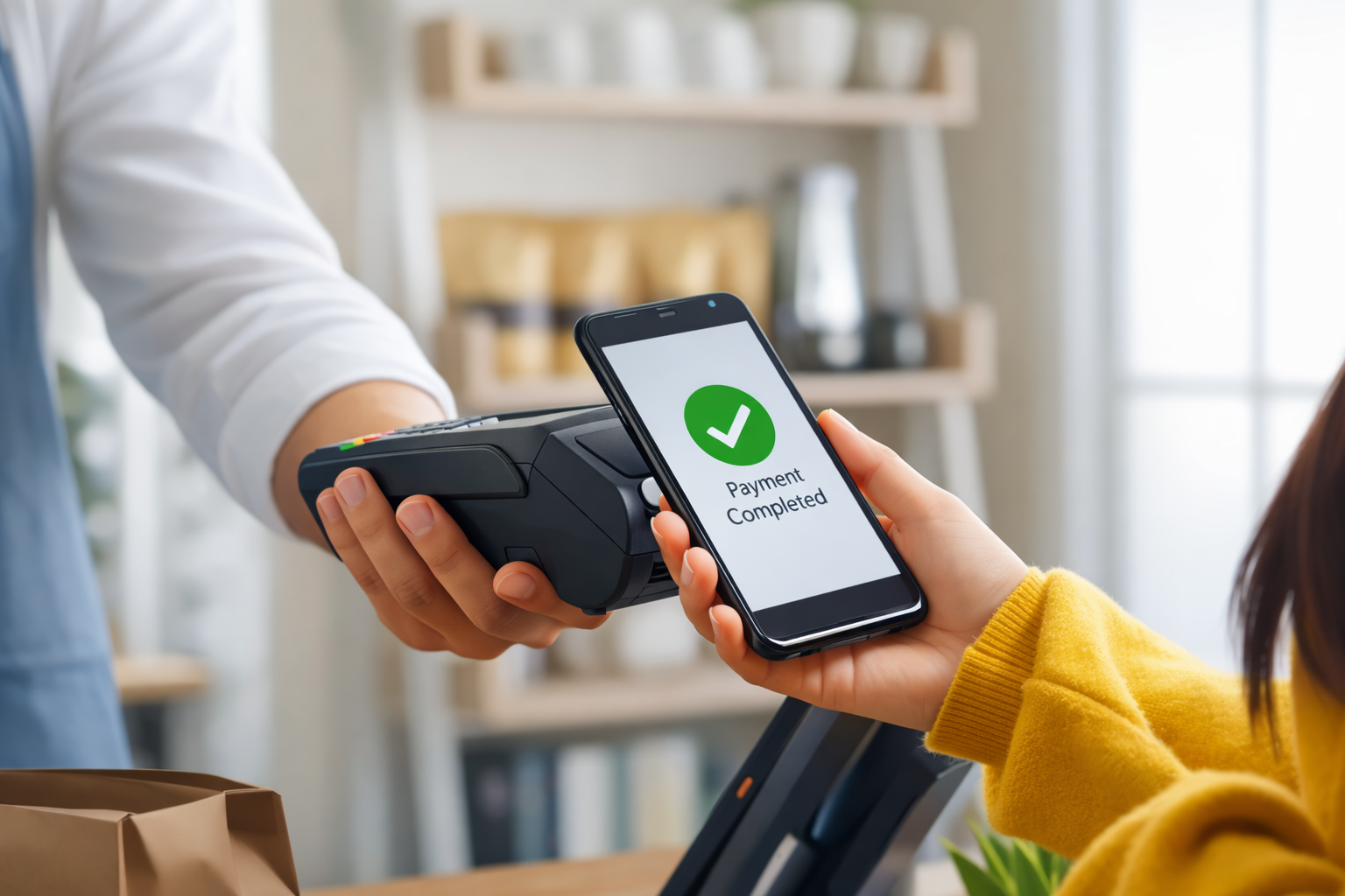 Customer making a contactless payment with a smartphone displaying 'Payment Completed' at a checkout counter.